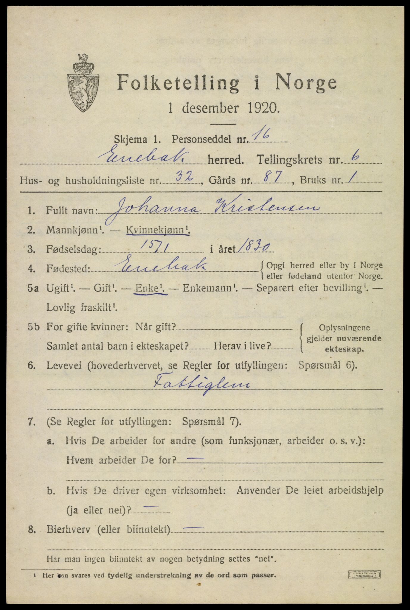 SAO, 1920 census for Enebakk, 1920, p. 5065