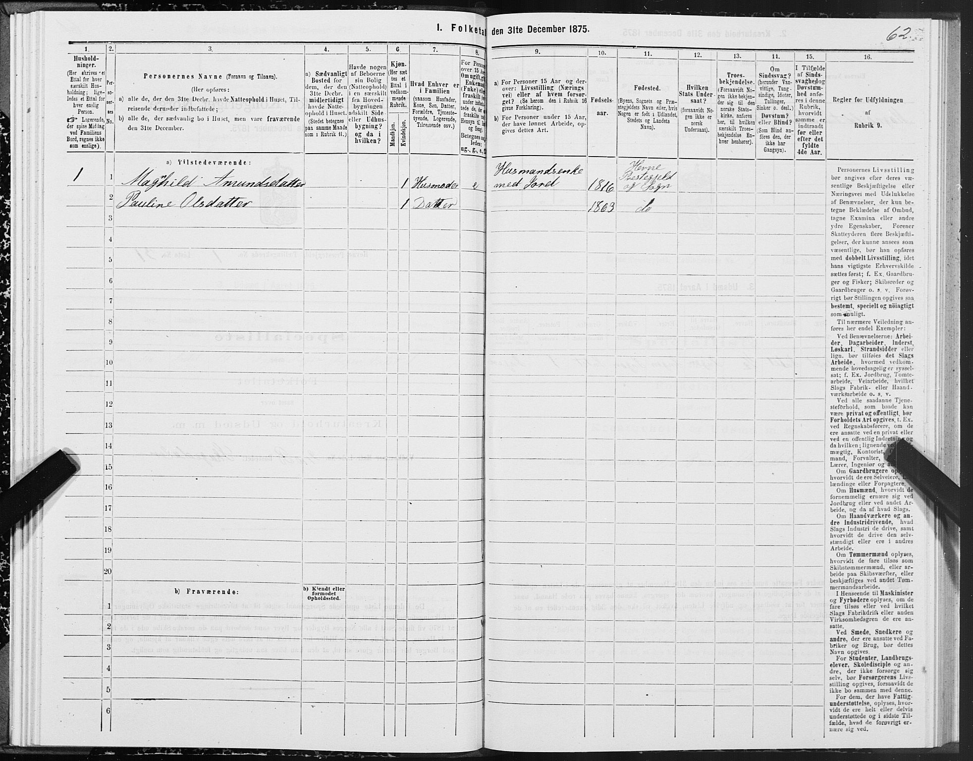 SAT, 1875 census for 1612P Hemne, 1875, p. 1062