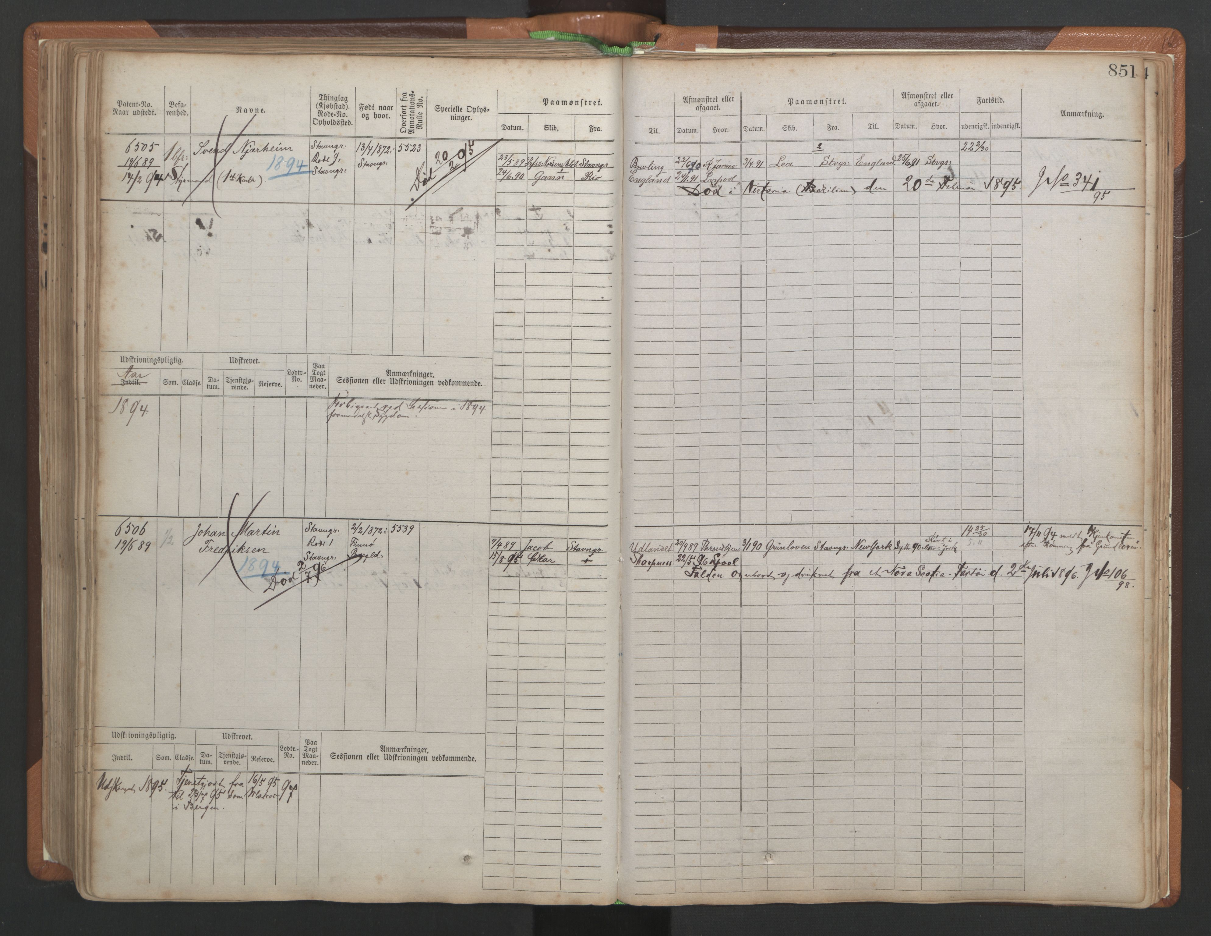 Stavanger sjømannskontor, AV/SAST-A-102006/F/Fb/Fbb/L0010: Sjøfartshovedrulle, patentnr. 6007-6606 (del 1), 1887-1896, p. 255