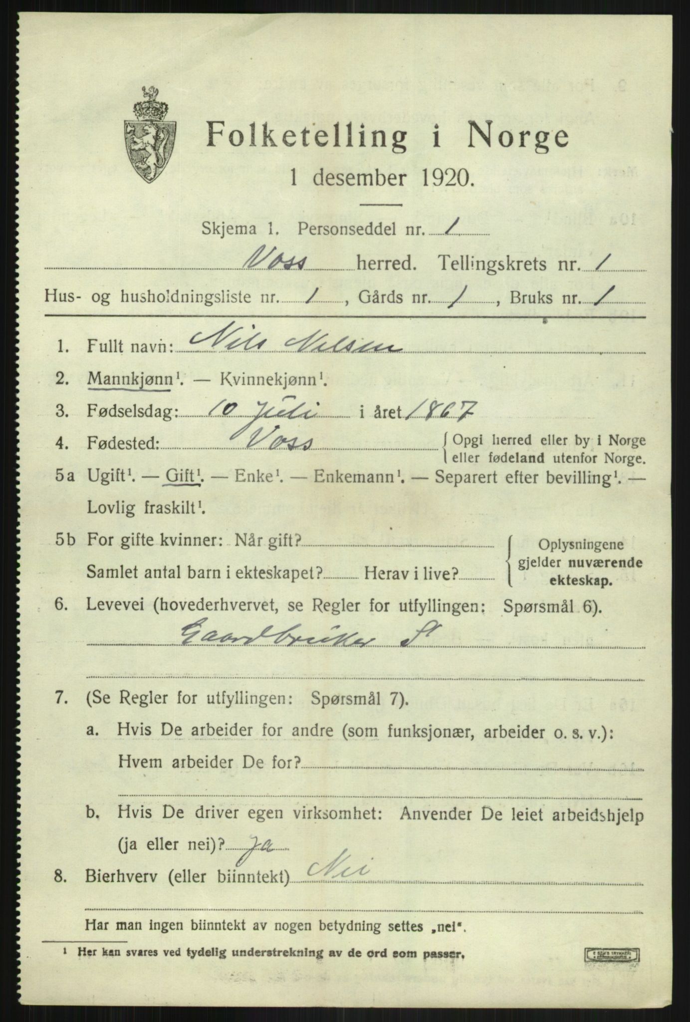 SAB, 1920 census for Voss, 1920, p. 2809