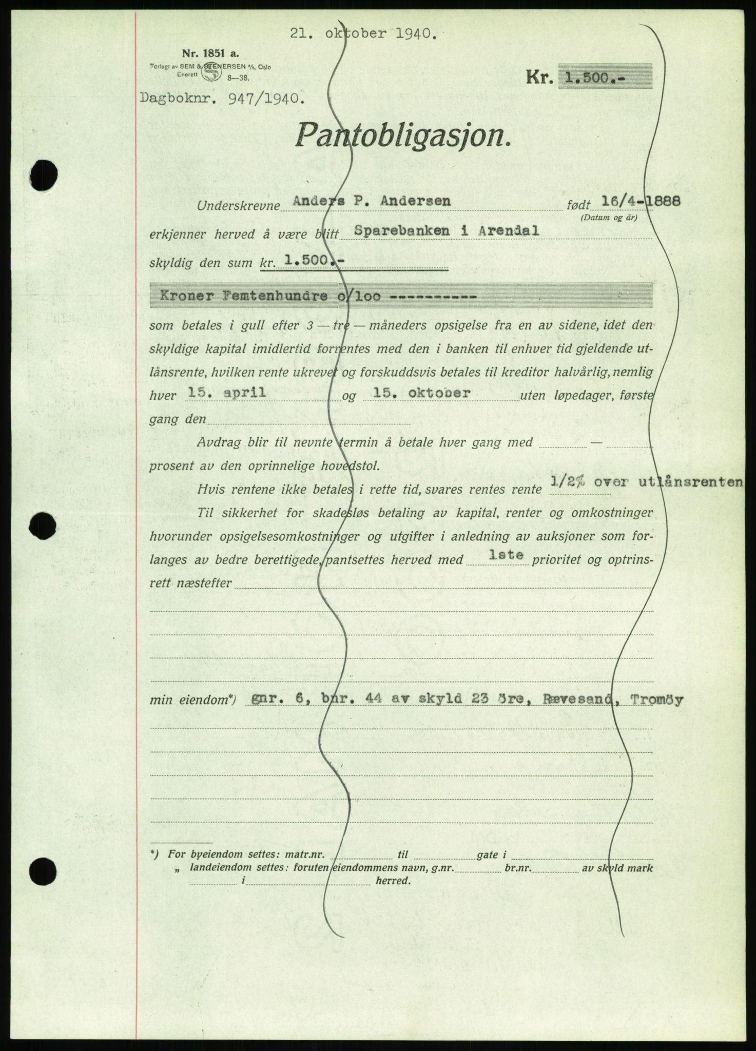 Nedenes sorenskriveri, AV/SAK-1221-0006/G/Gb/Gbb/L0001: Mortgage book no. I, 1939-1942, Diary no: : 947/1940