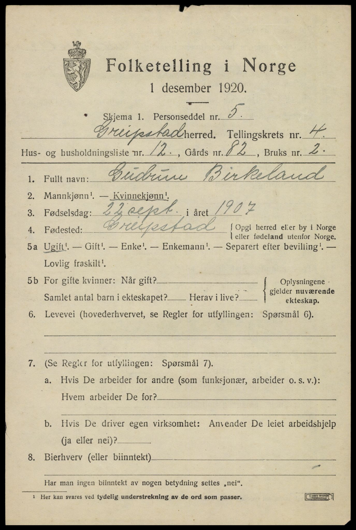 SAK, 1920 census for Greipstad, 1920, p. 1634