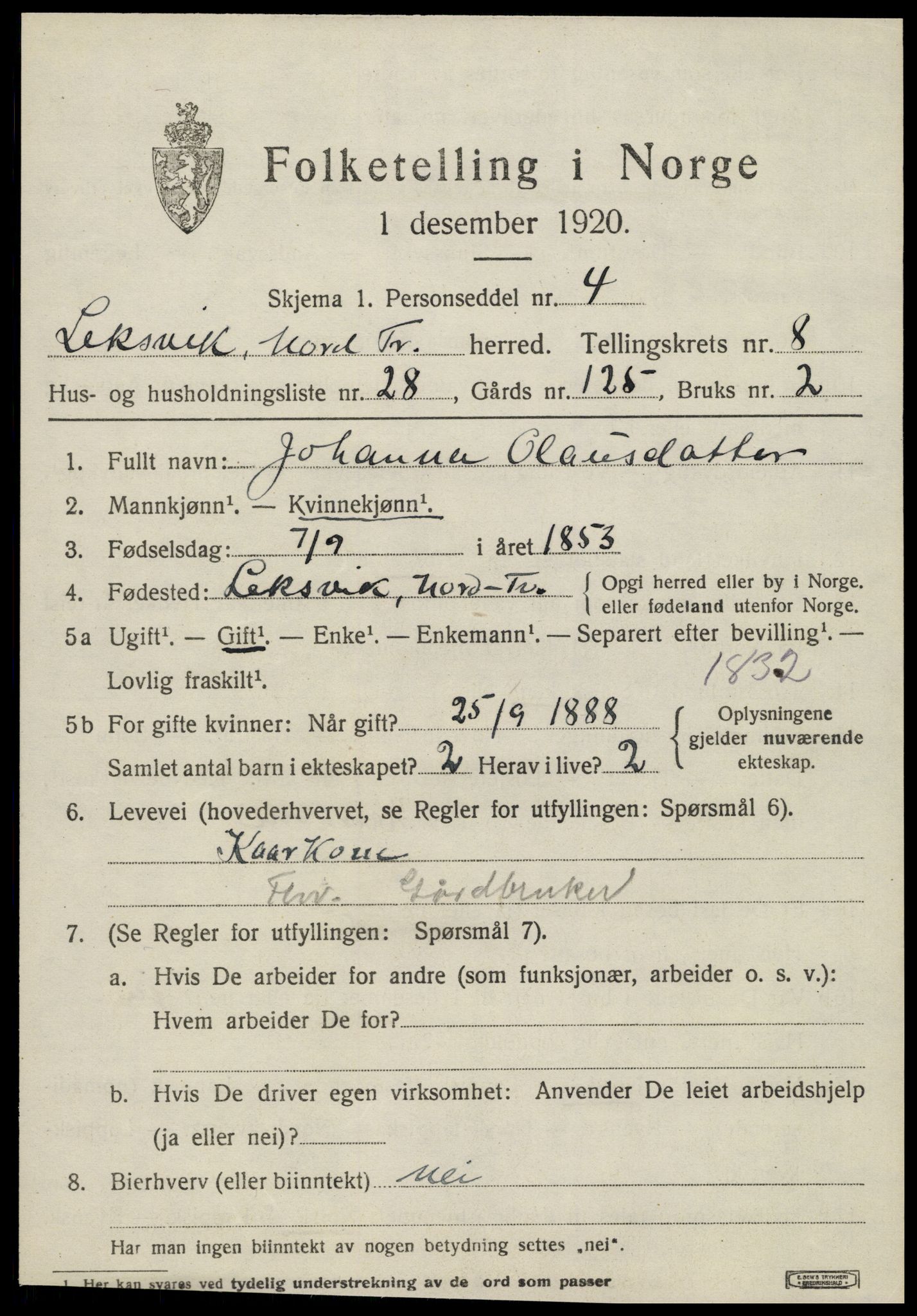 SAT, 1920 census for Leksvik, 1920, p. 6866