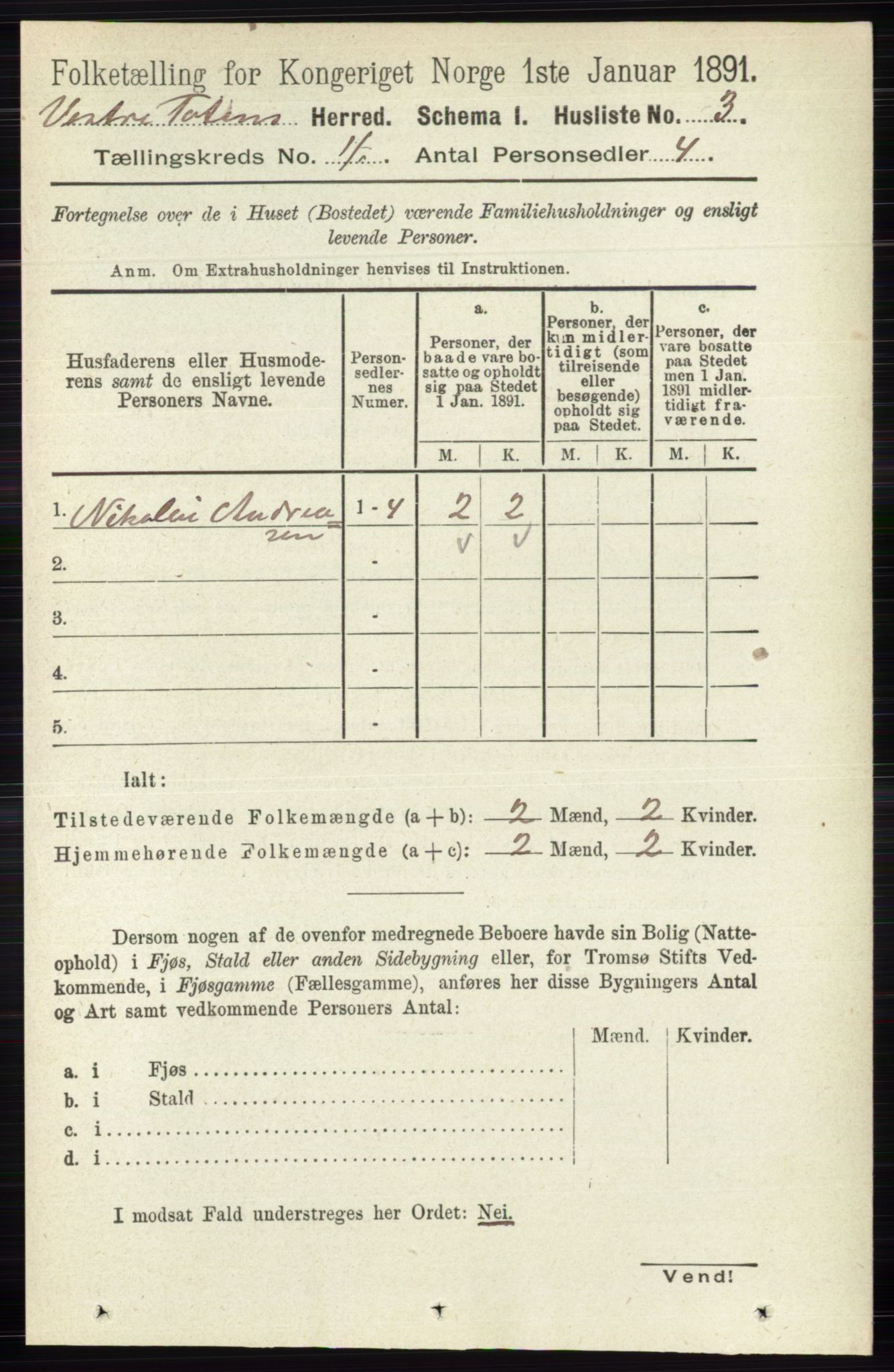 RA, 1891 census for 0529 Vestre Toten, 1891, p. 2637