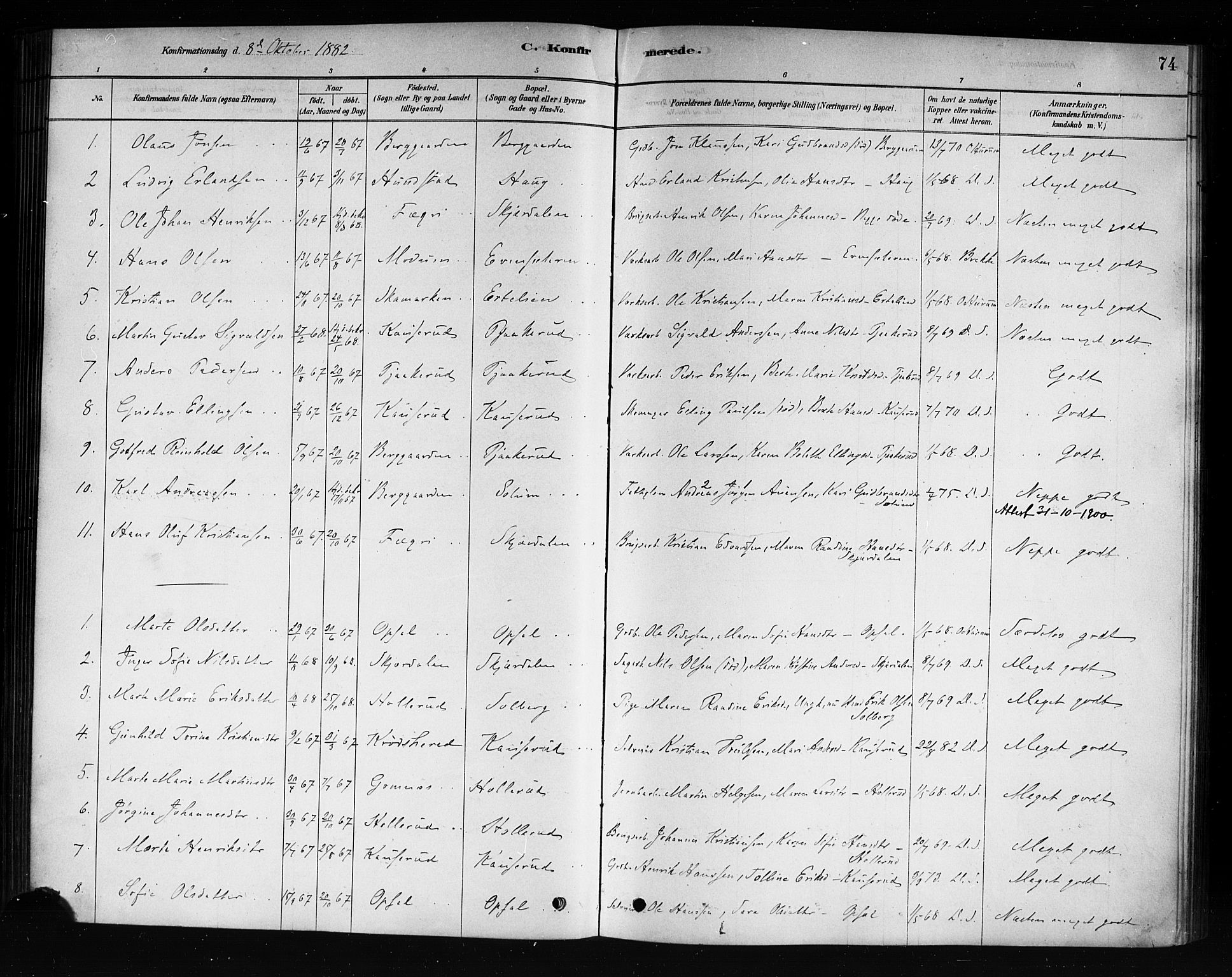 Hole kirkebøker, AV/SAKO-A-228/F/Fb/L0001: Parish register (official) no. II 1, 1878-1891, p. 74