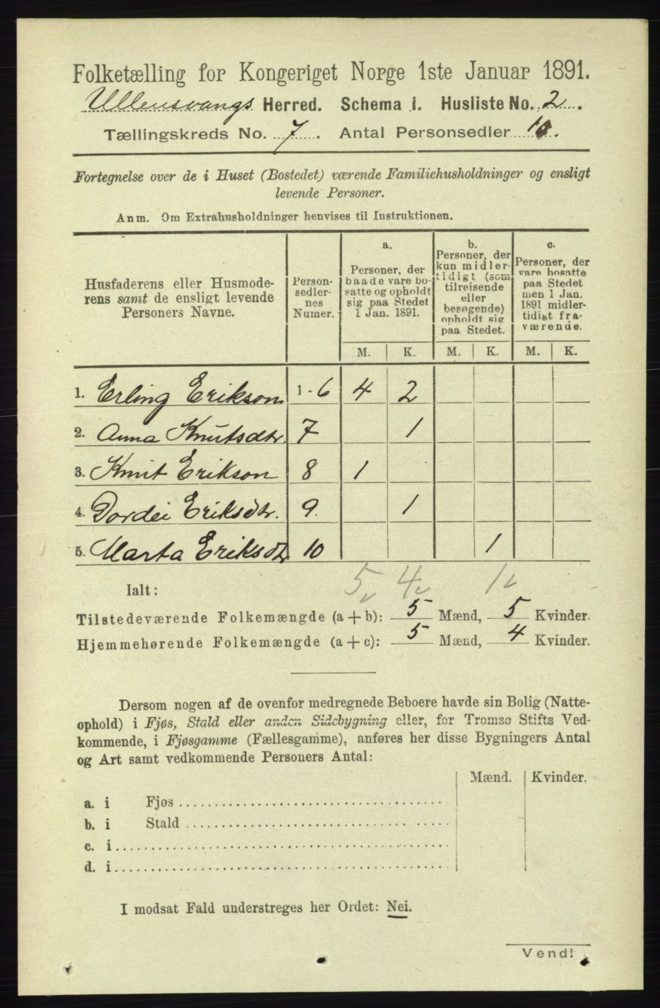 RA, 1891 census for 1230 Ullensvang, 1891, p. 2304