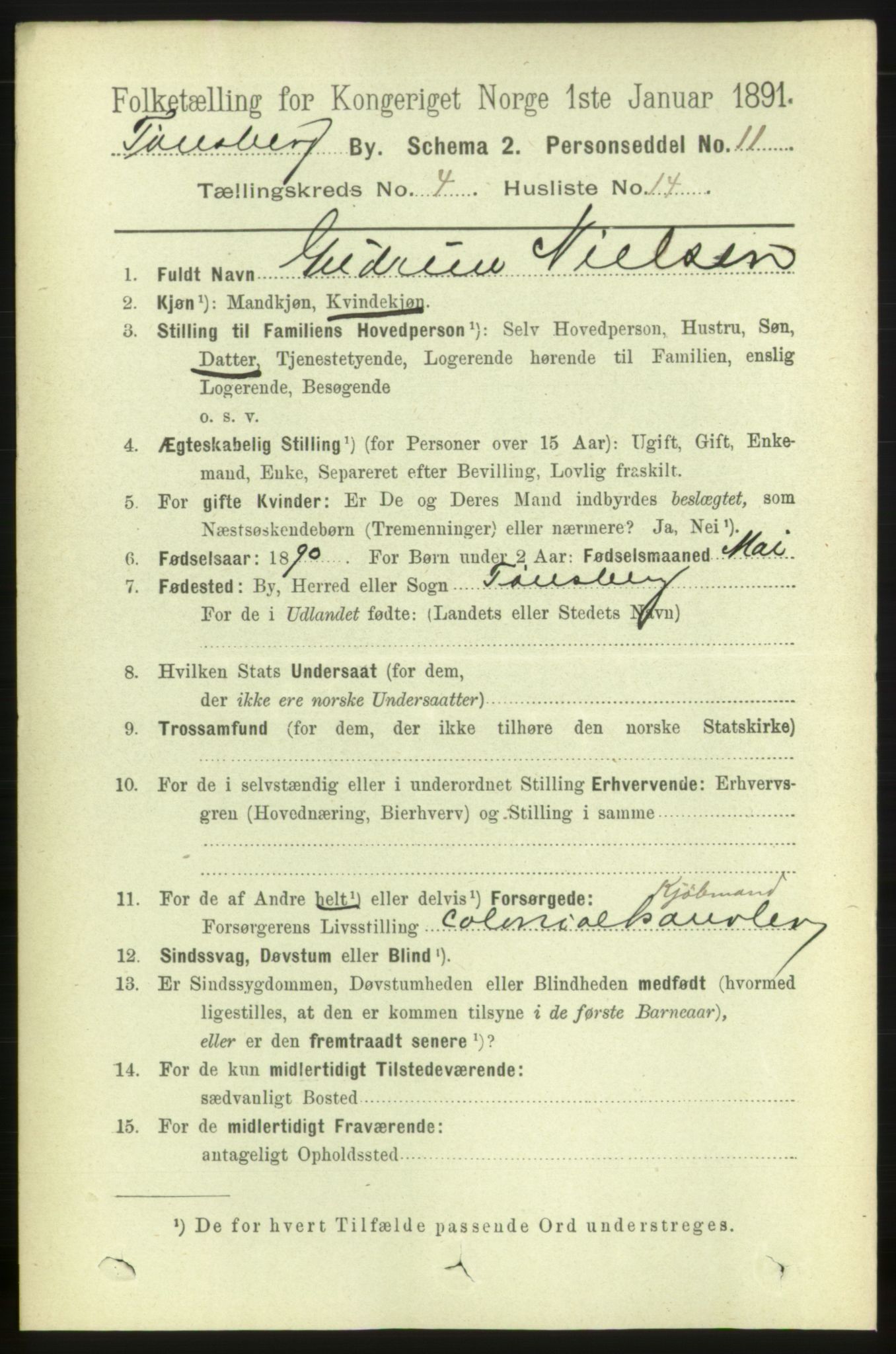 RA, 1891 census for 0705 Tønsberg, 1891, p. 2190