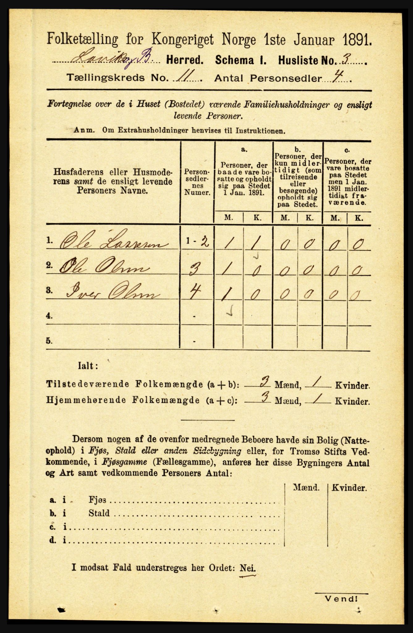 RA, 1891 census for 1415 Lavik og Brekke, 1891, p. 2110