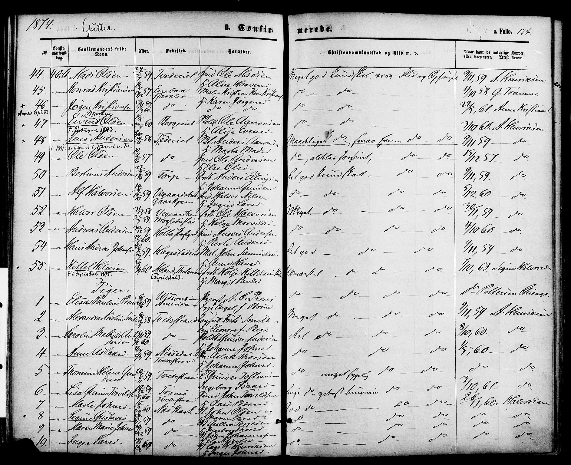 Holt sokneprestkontor, AV/SAK-1111-0021/F/Fa/L0010: Parish register (official) no. A 10, 1872-1885, p. 174