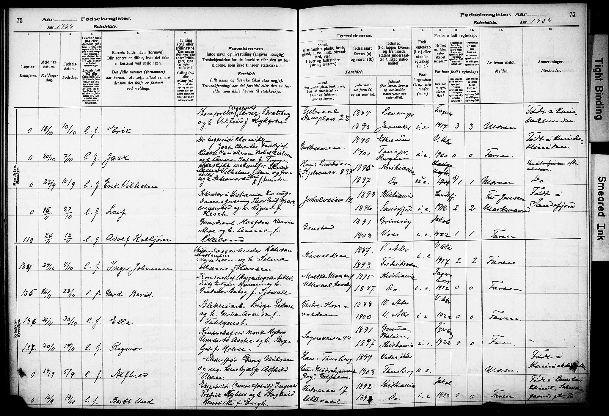 Vestre Aker prestekontor Kirkebøker, AV/SAO-A-10025/J/Ja/L0002: Birth register no. 2, 1922-1926, p. 75