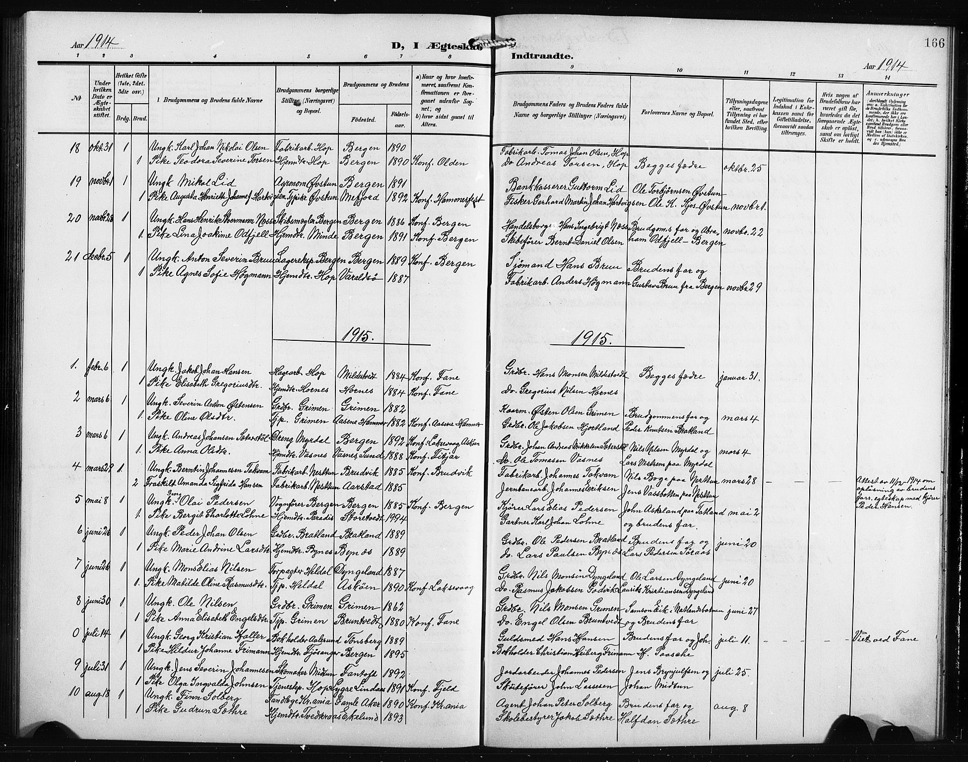 Birkeland Sokneprestembete, SAB/A-74601/H/Hab: Parish register (copy) no. A 6, 1906-1915, p. 166