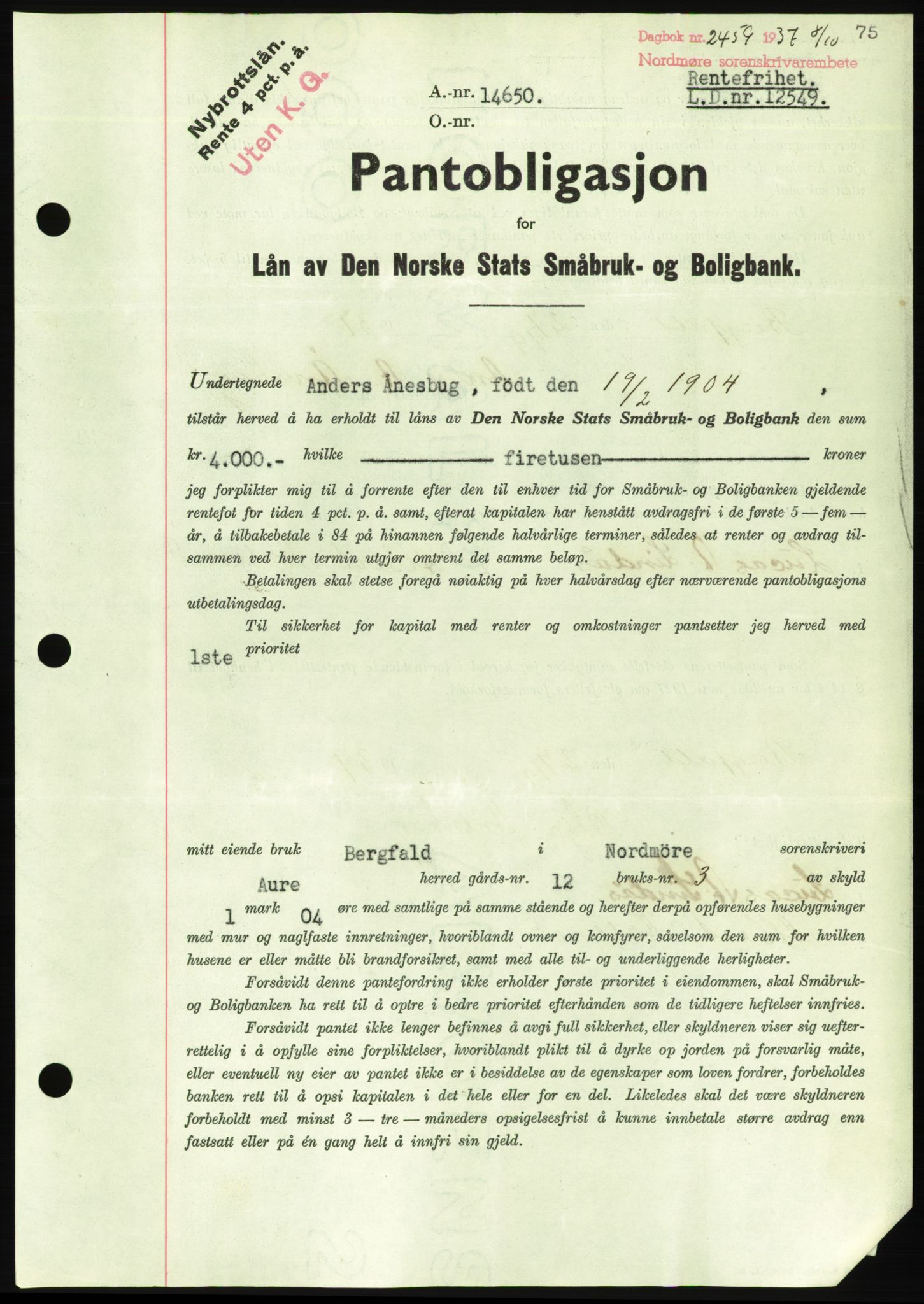 Nordmøre sorenskriveri, AV/SAT-A-4132/1/2/2Ca/L0092: Mortgage book no. B82, 1937-1938, Diary no: : 2459/1937