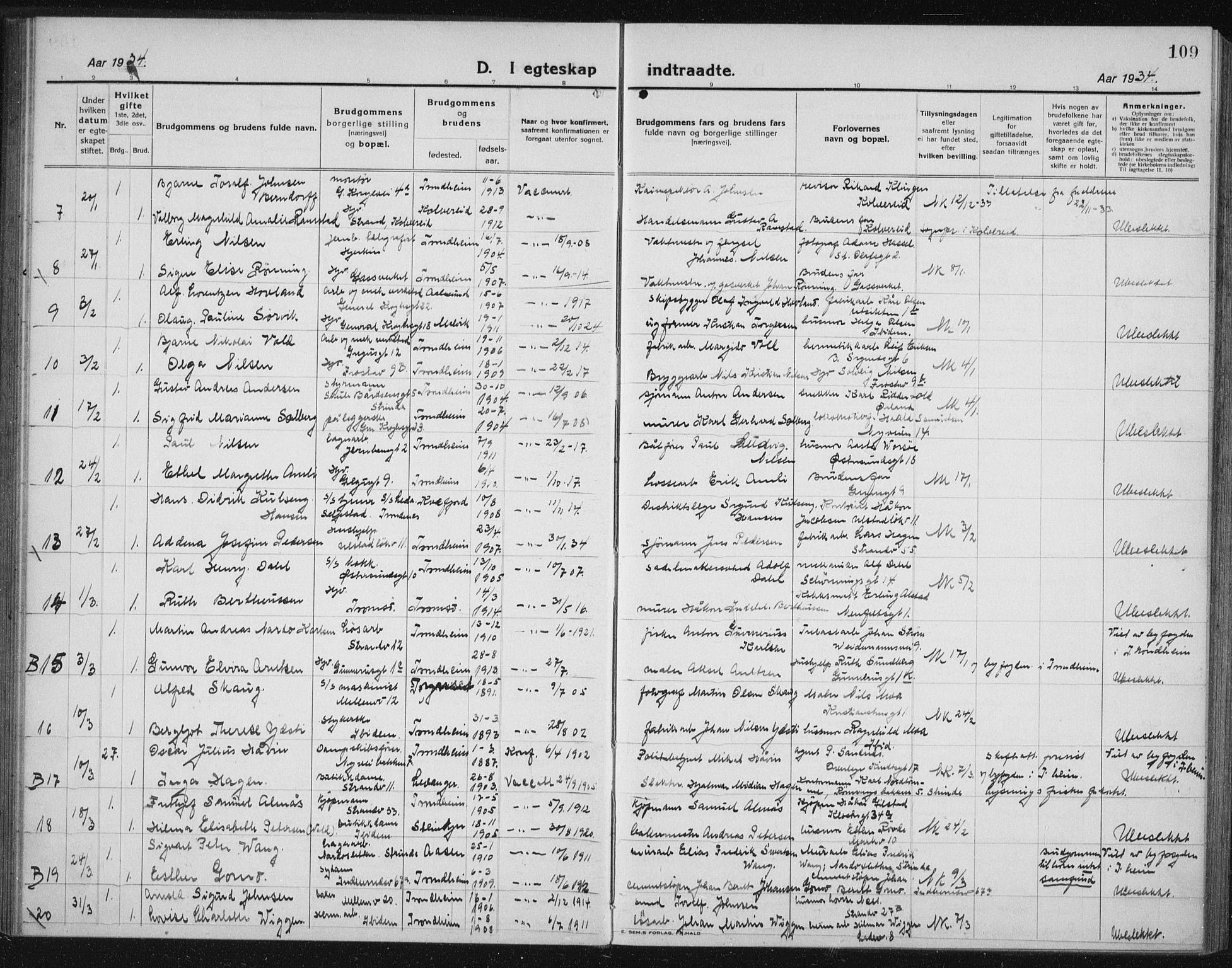 Ministerialprotokoller, klokkerbøker og fødselsregistre - Sør-Trøndelag, AV/SAT-A-1456/605/L0260: Parish register (copy) no. 605C07, 1922-1942, p. 109