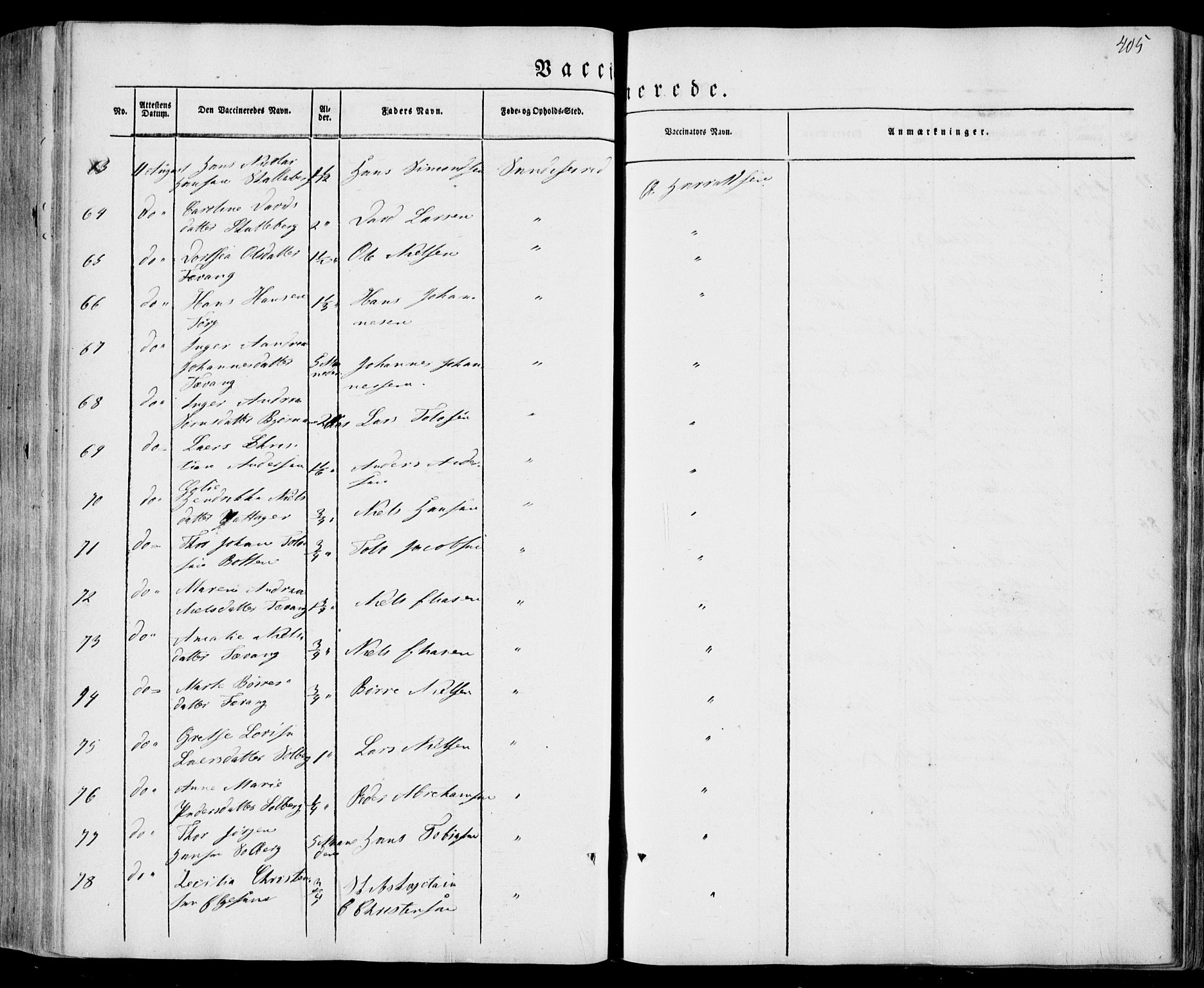 Sandar kirkebøker, AV/SAKO-A-243/F/Fa/L0006: Parish register (official) no. 6, 1847-1860, p. 405