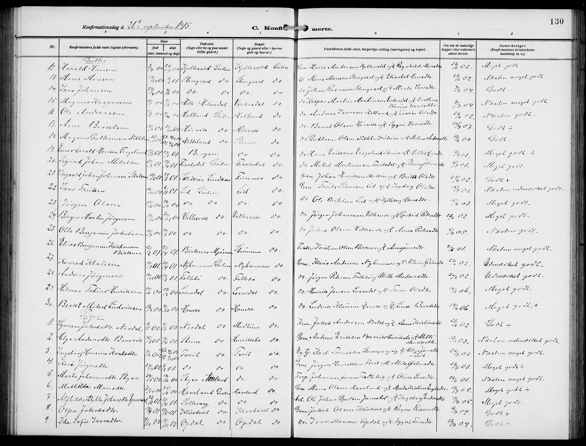 Gulen sokneprestembete, AV/SAB-A-80201/H/Hab/Habb/L0004: Parish register (copy) no. B 4, 1908-1936, p. 130