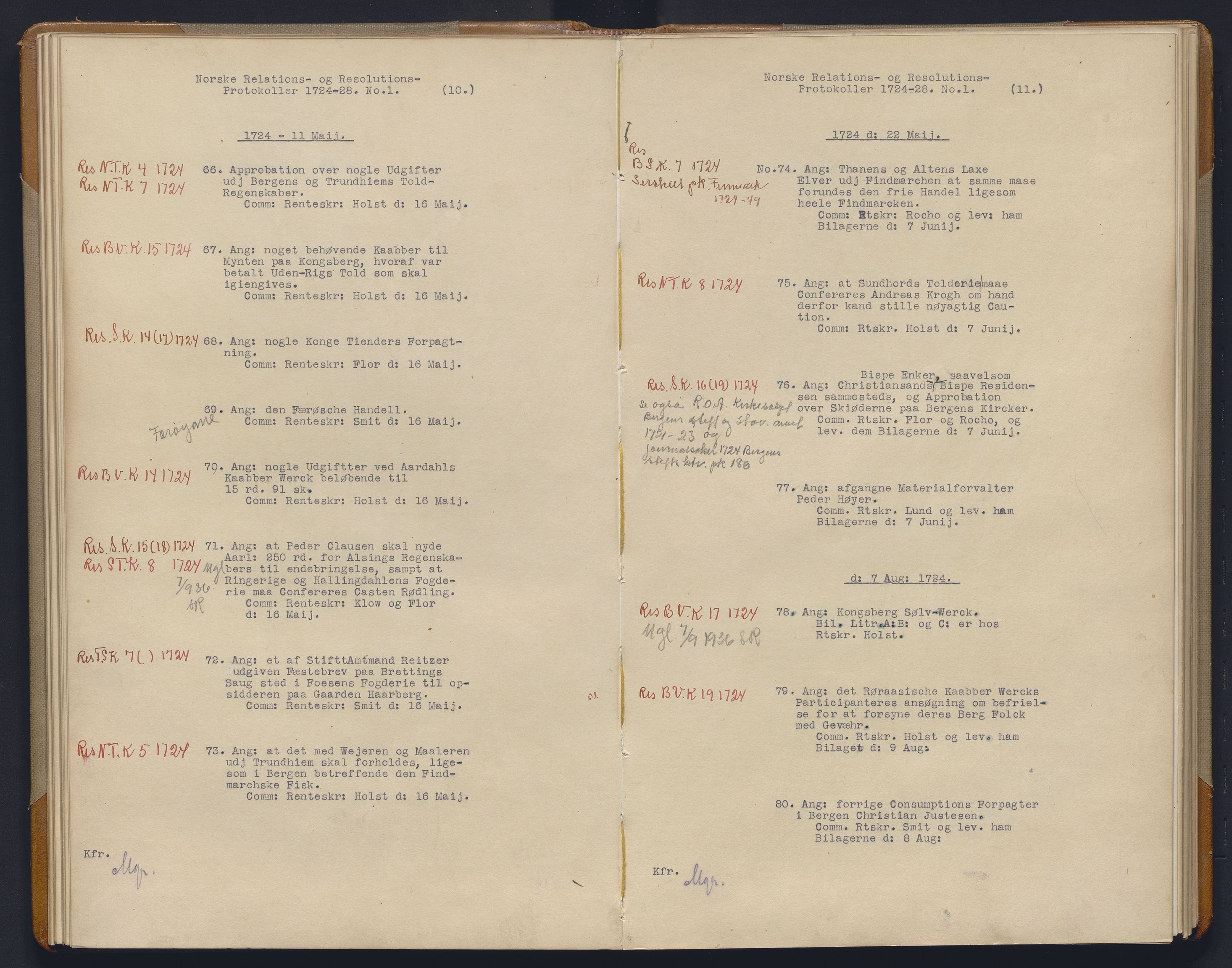 Avskriftsamlingen, AV/RA-EA-4022/F/Fb/L0115: Registratur over norske Relasjons- og resolusjonsprotkoller, 1724-1728, p. 25