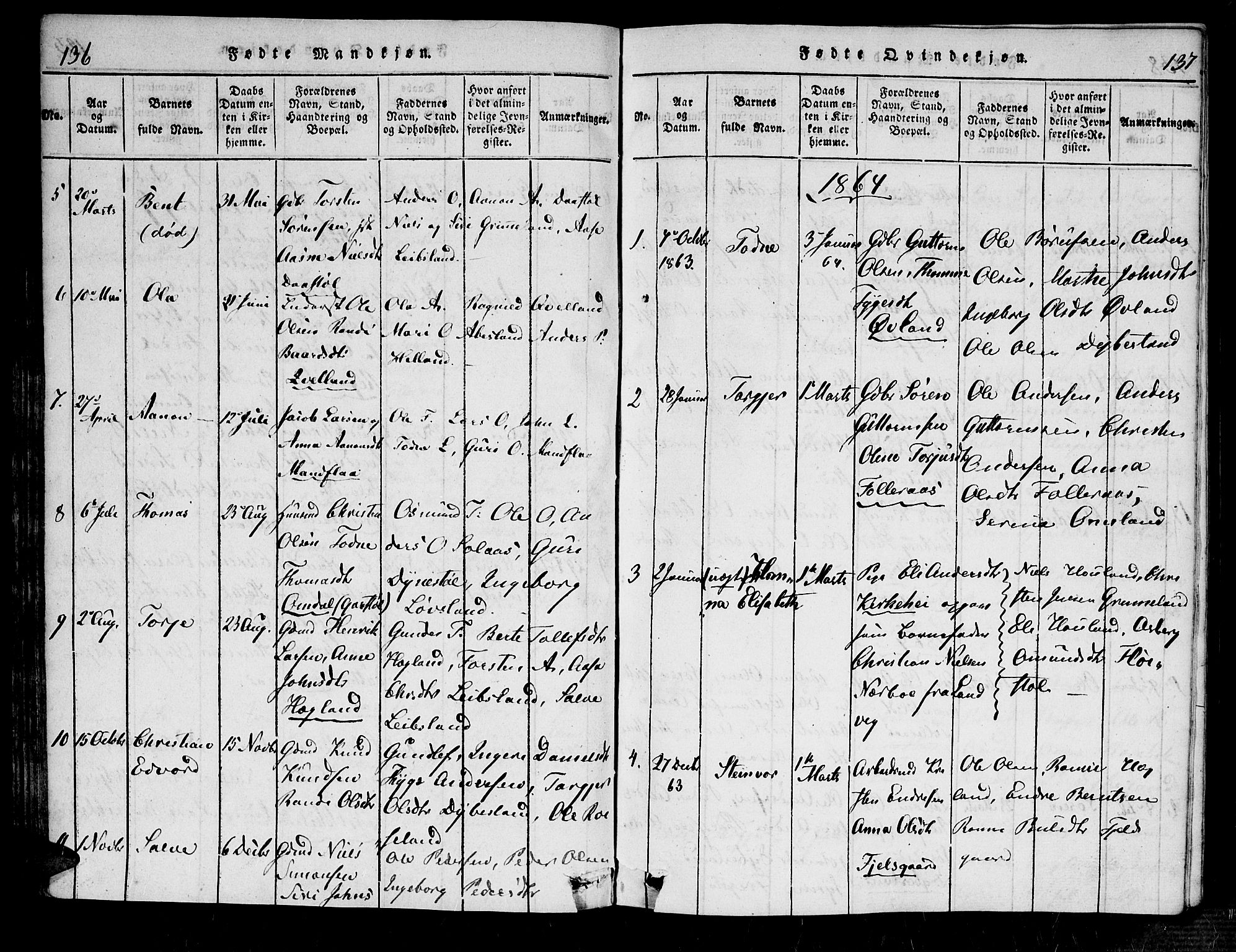 Bjelland sokneprestkontor, SAK/1111-0005/F/Fa/Fab/L0002: Parish register (official) no. A 2, 1816-1869, p. 136-137