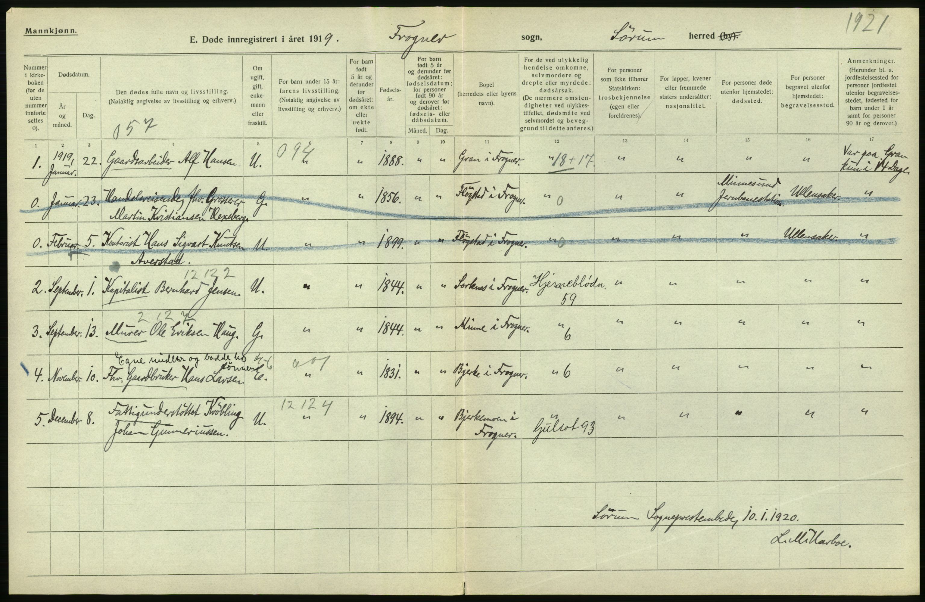 Statistisk sentralbyrå, Sosiodemografiske emner, Befolkning, RA/S-2228/D/Df/Dfb/Dfbi/L0006: Akershus fylke: Døde. Bygder og byer., 1919, p. 188