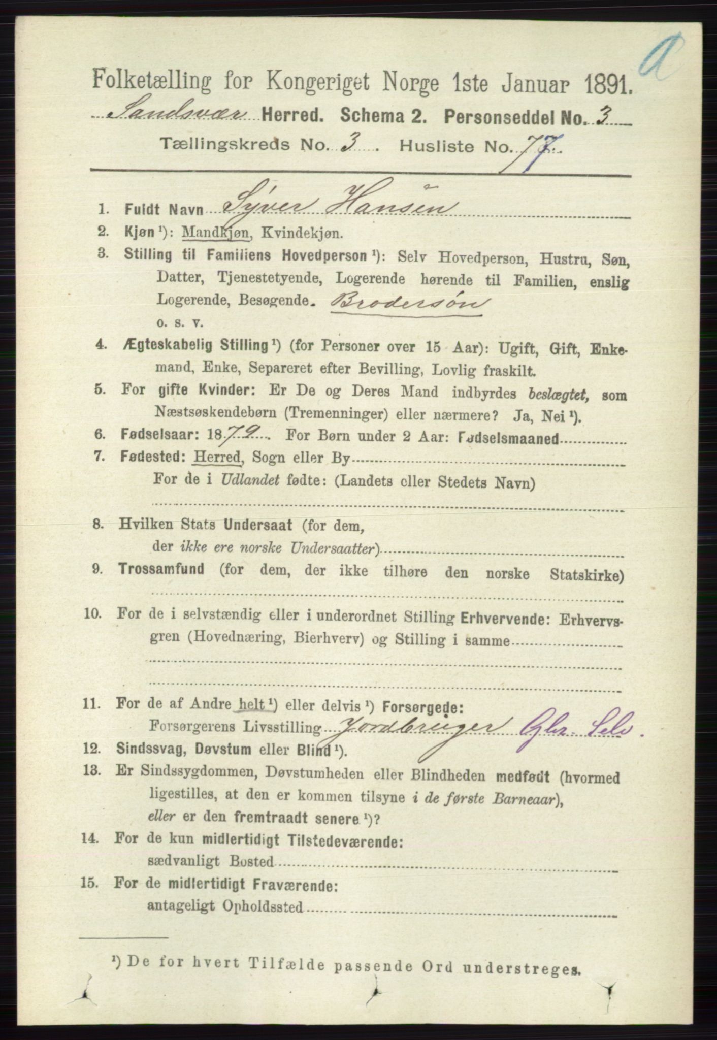 RA, 1891 census for 0629 Sandsvær, 1891, p. 1712