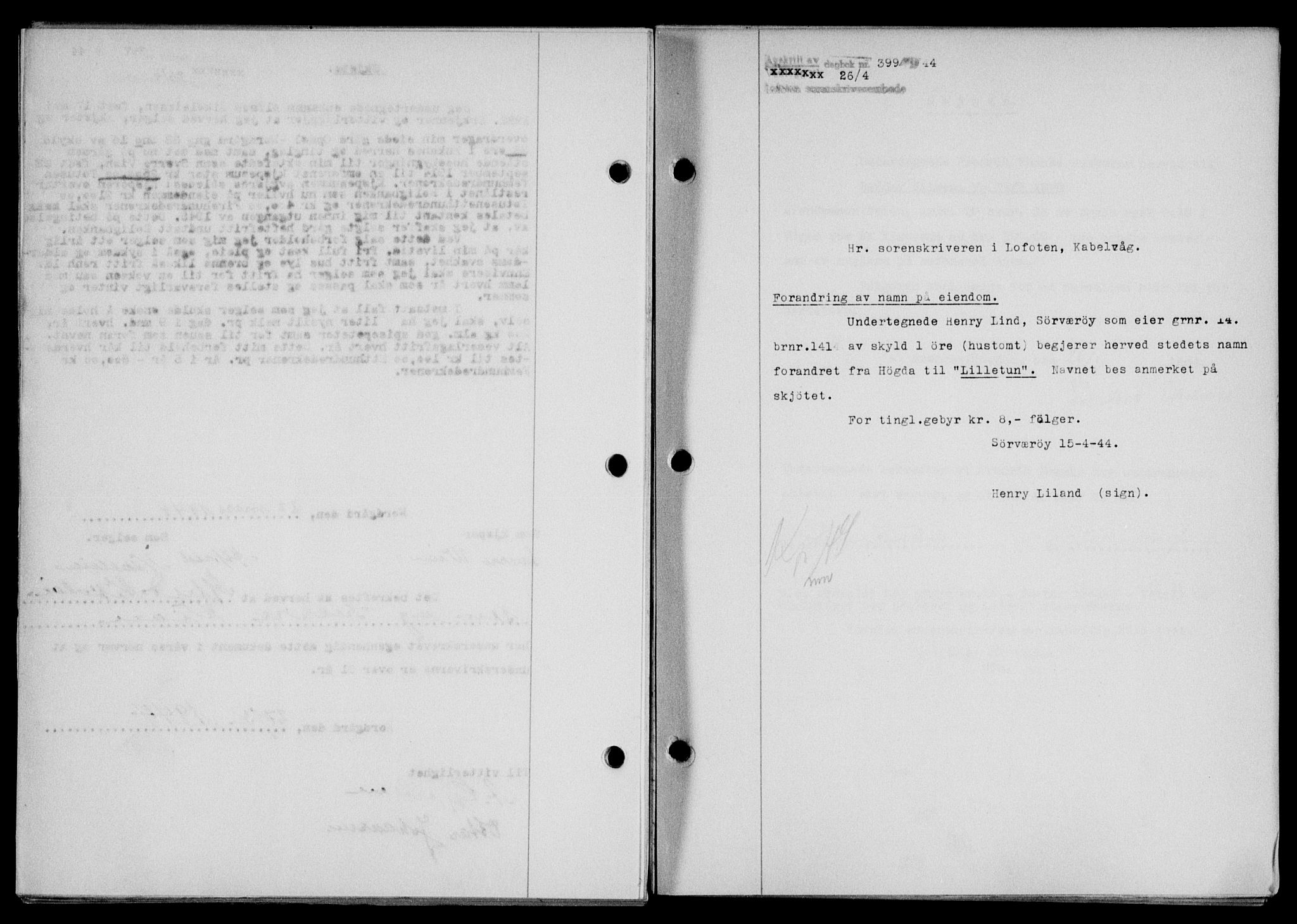 Lofoten sorenskriveri, SAT/A-0017/1/2/2C/L0012a: Mortgage book no. 12a, 1943-1944, Diary no: : 399/1944