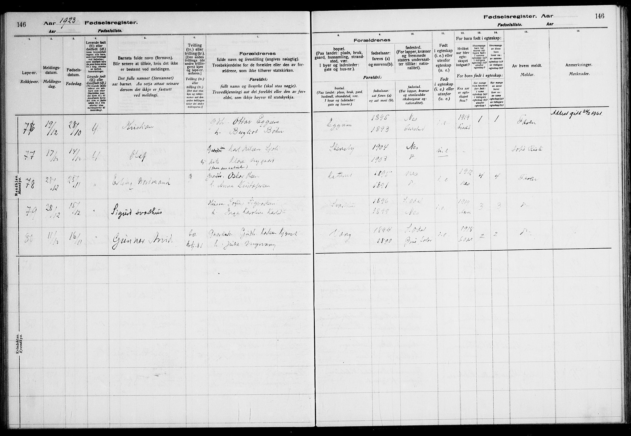 Nes prestekontor Kirkebøker, AV/SAO-A-10410/J/Ja/L0001: Birth register no. 1, 1916-1926, p. 146