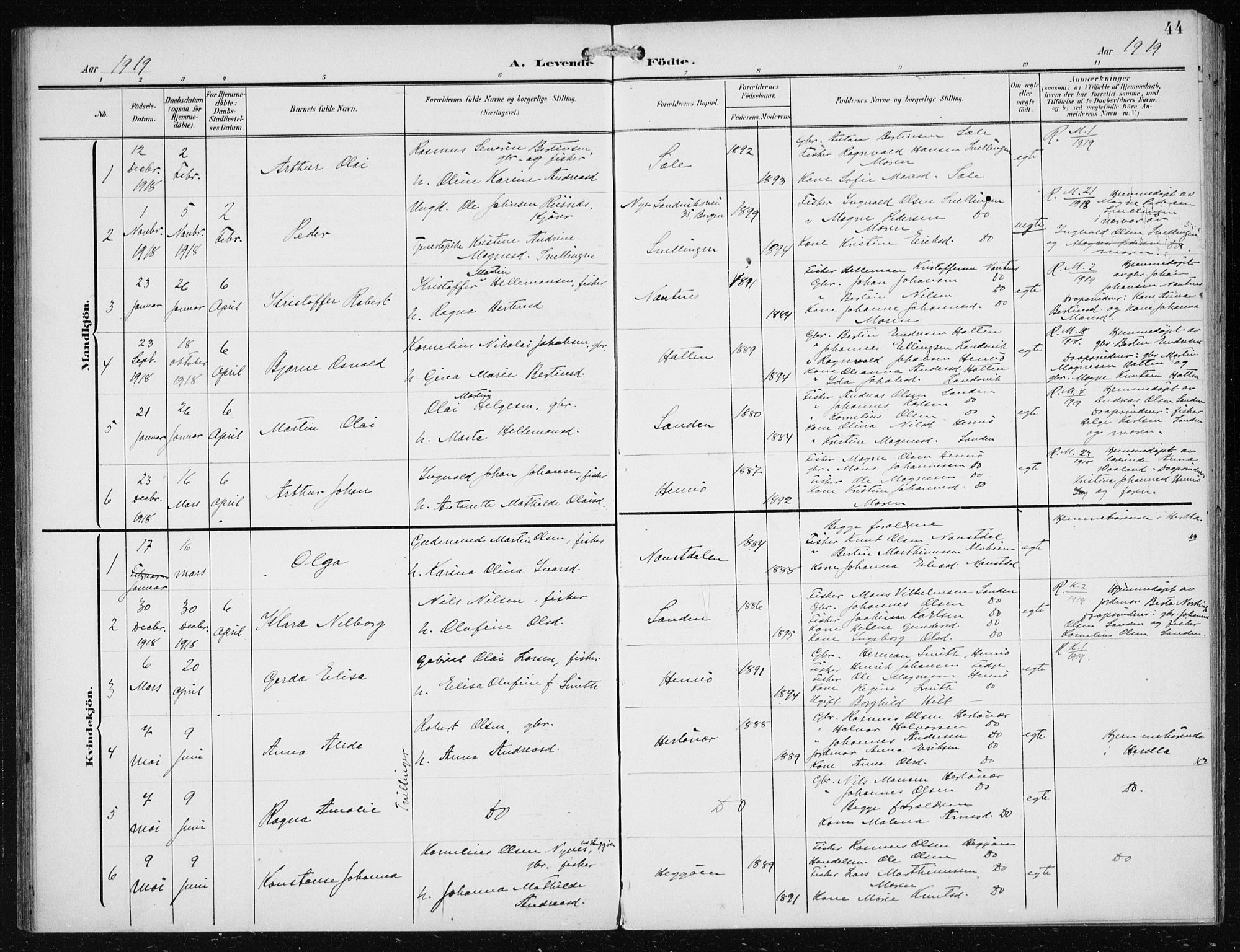 Herdla Sokneprestembete, AV/SAB-A-75701/H/Haa: Parish register (official) no. B 1, 1902-1921, p. 44