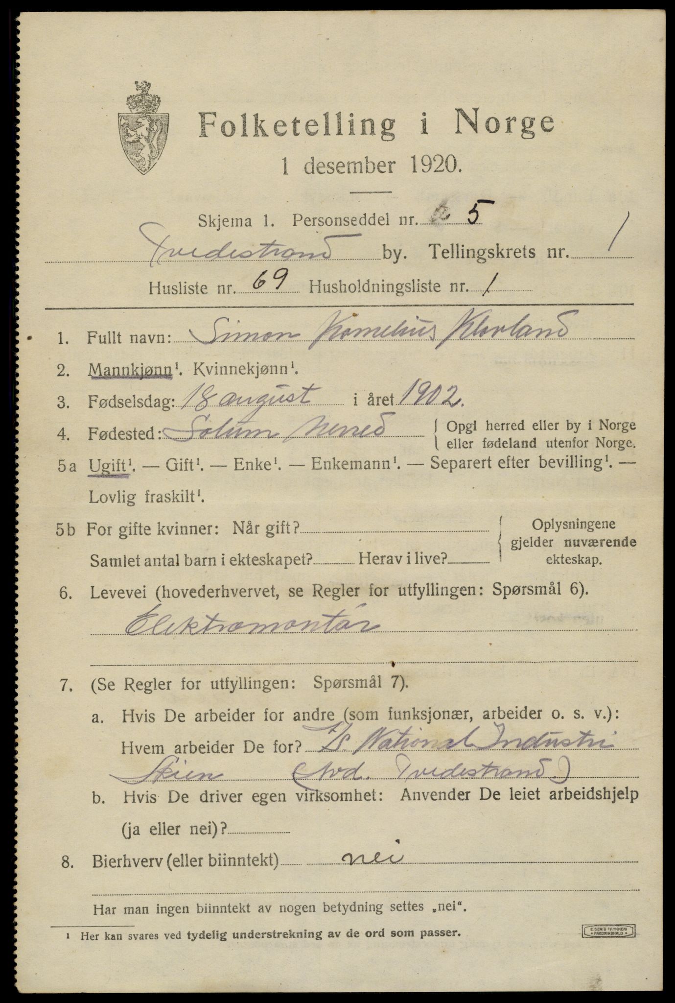 SAK, 1920 census for Tvedestrand, 1920, p. 2099