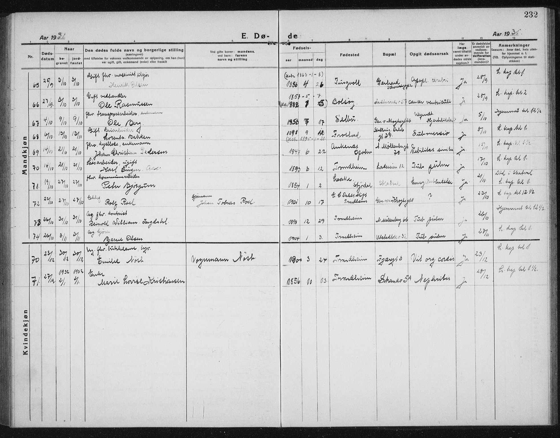 Ministerialprotokoller, klokkerbøker og fødselsregistre - Sør-Trøndelag, AV/SAT-A-1456/605/L0260: Parish register (copy) no. 605C07, 1922-1942, p. 232