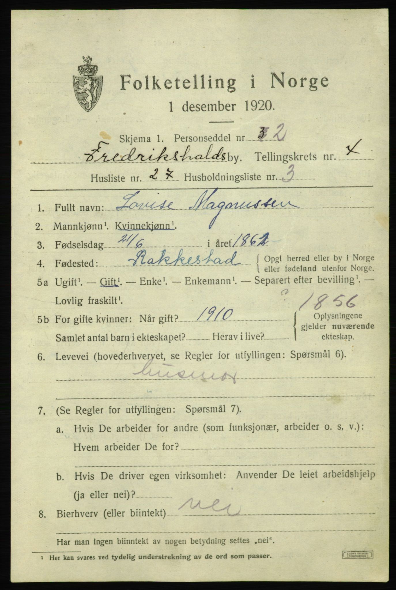 SAO, 1920 census for Fredrikshald, 1920, p. 11807