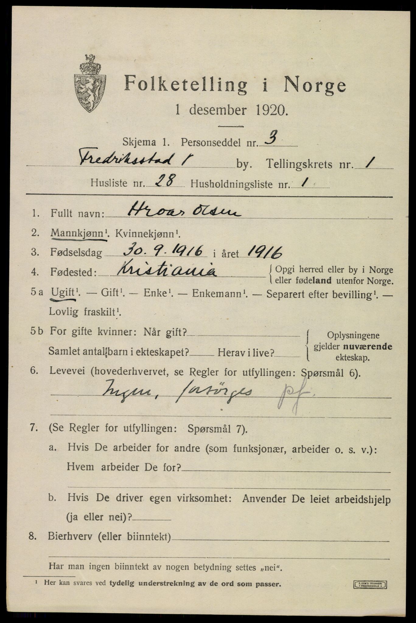 SAO, 1920 census for Fredrikstad, 1920, p. 12153