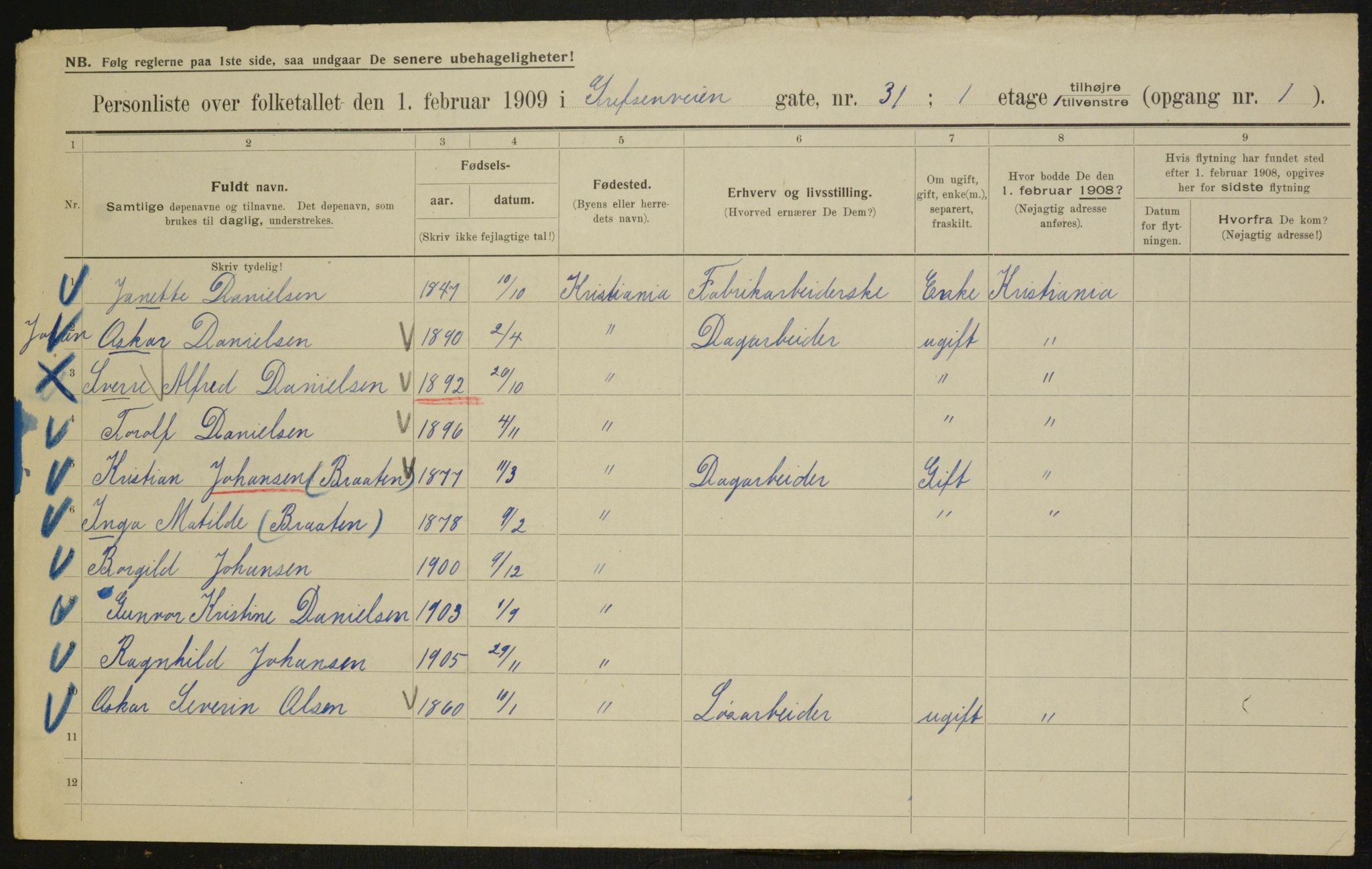 OBA, Municipal Census 1909 for Kristiania, 1909, p. 26951