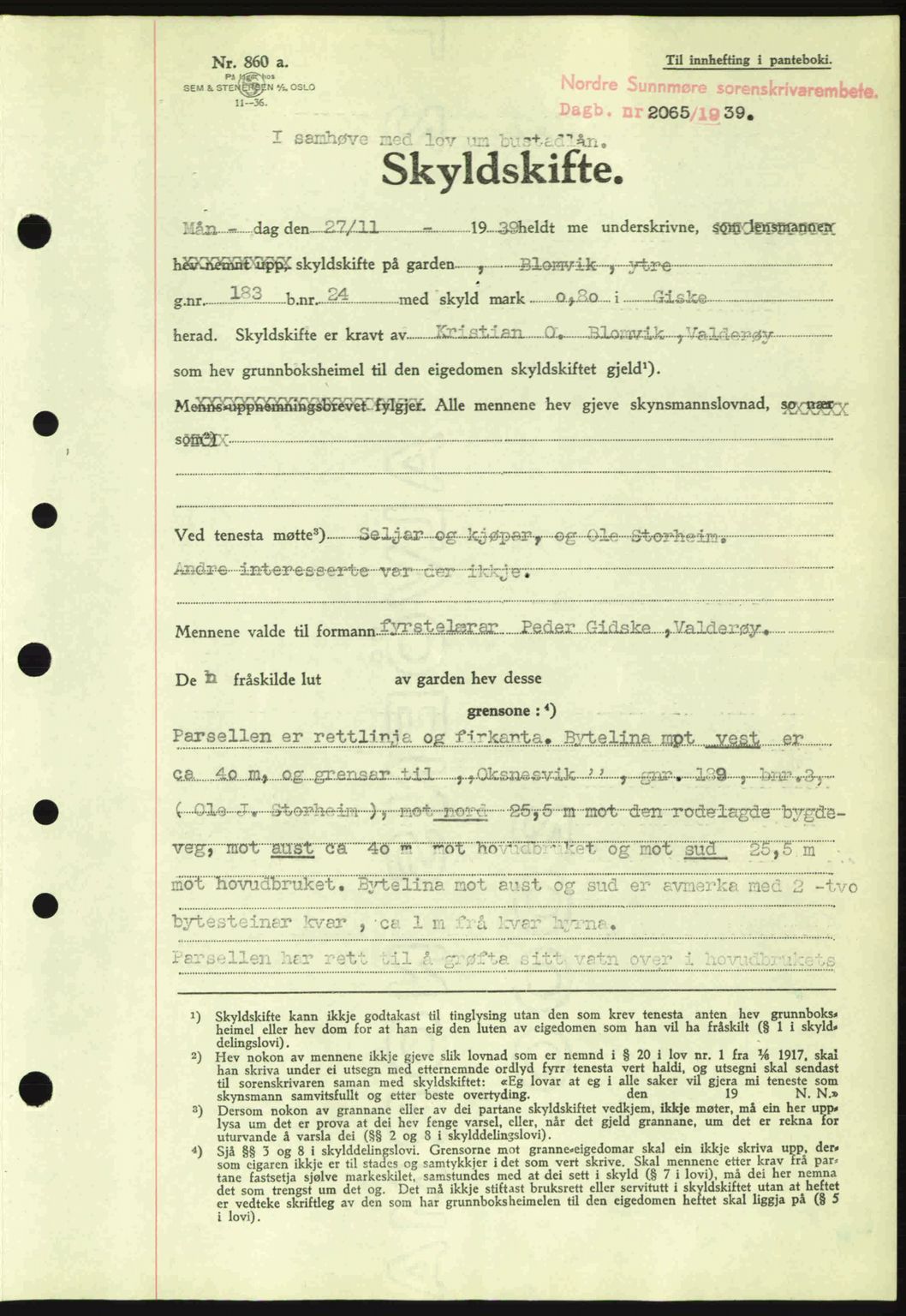 Nordre Sunnmøre sorenskriveri, AV/SAT-A-0006/1/2/2C/2Ca: Mortgage book no. A8, 1939-1940, Diary no: : 2065/1939