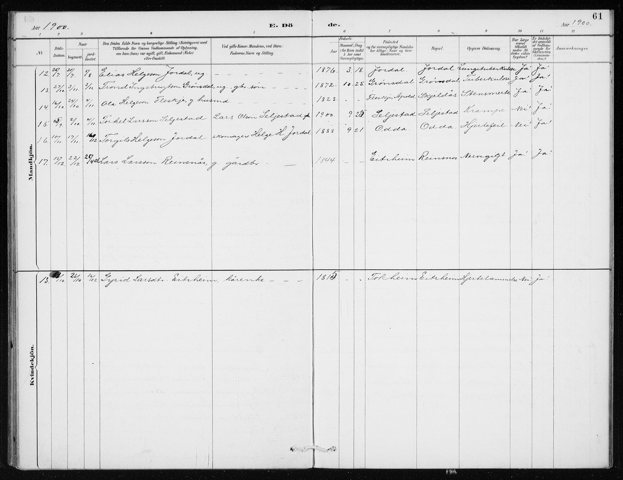 Odda Sokneprestembete, AV/SAB-A-77201/H/Haa: Parish register (official) no. D 1, 1887-1914, p. 61