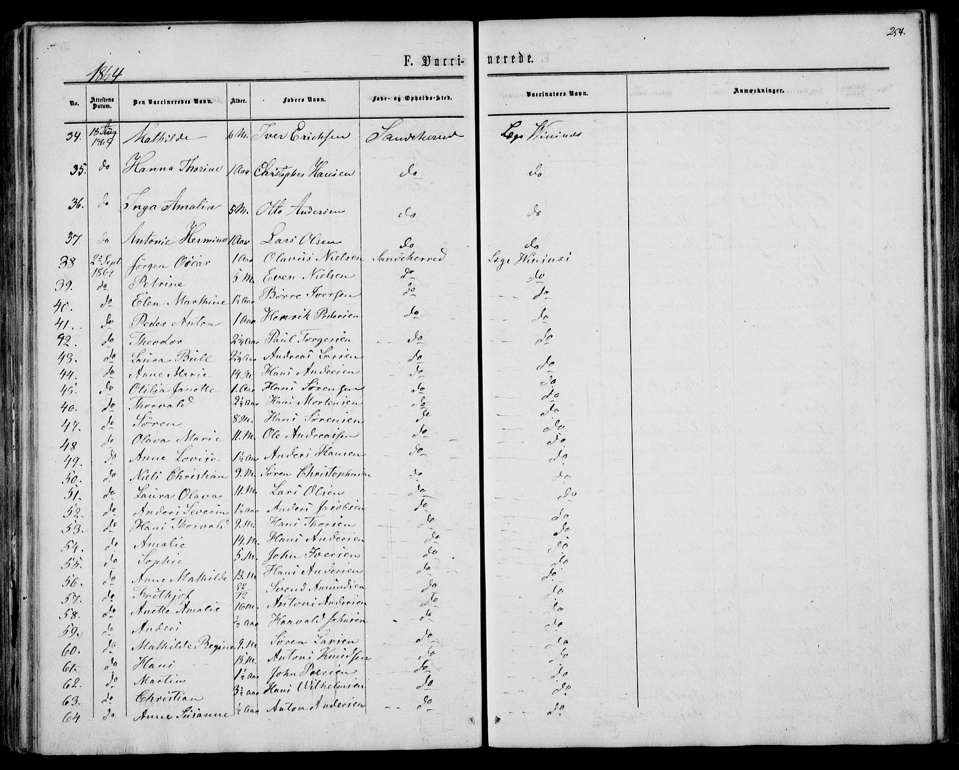 Sandar kirkebøker, AV/SAKO-A-243/F/Fa/L0009: Parish register (official) no. 9, 1862-1871, p. 254