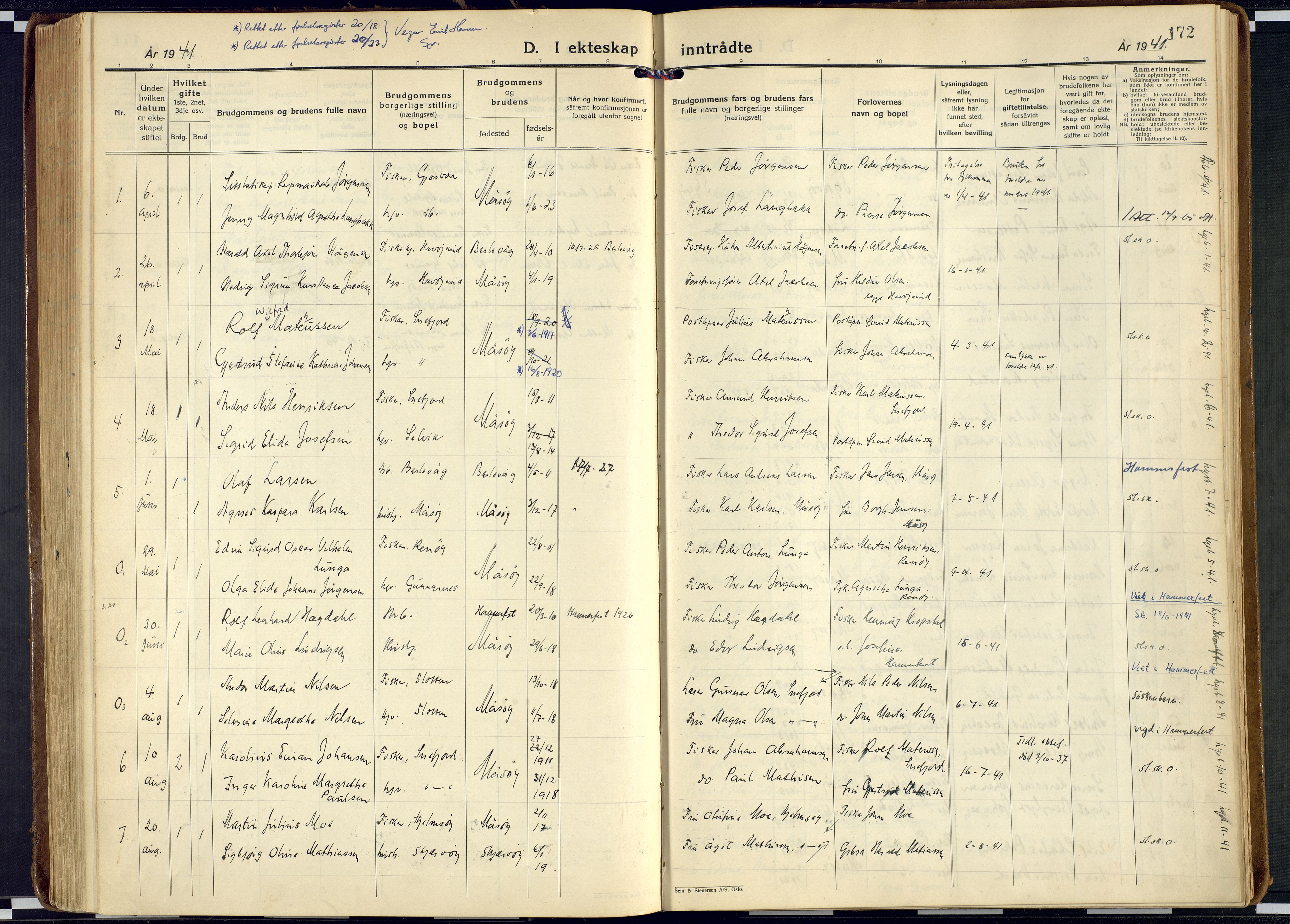 Måsøy sokneprestkontor, AV/SATØ-S-1348/H/Ha/L0011kirke: Parish register (official) no. 11, 1933-1947, p. 172