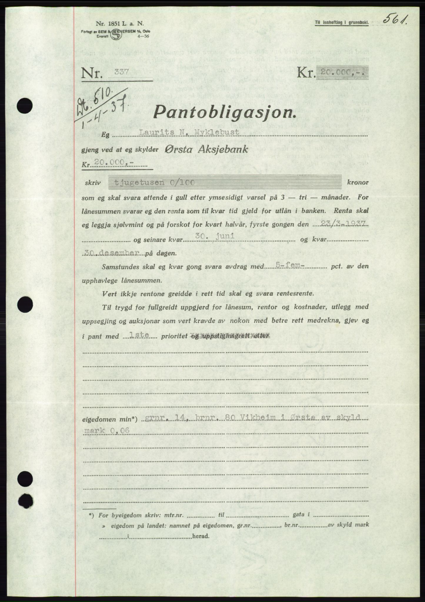 Søre Sunnmøre sorenskriveri, SAT/A-4122/1/2/2C/L0062: Mortgage book no. 56, 1936-1937, Diary no: : 510/1937