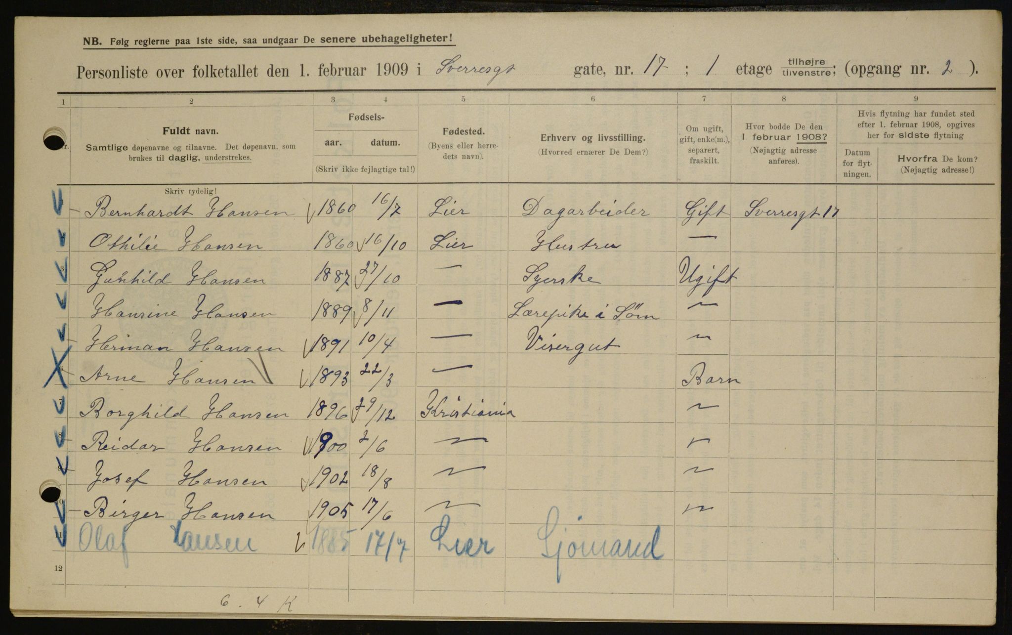 OBA, Municipal Census 1909 for Kristiania, 1909, p. 95859