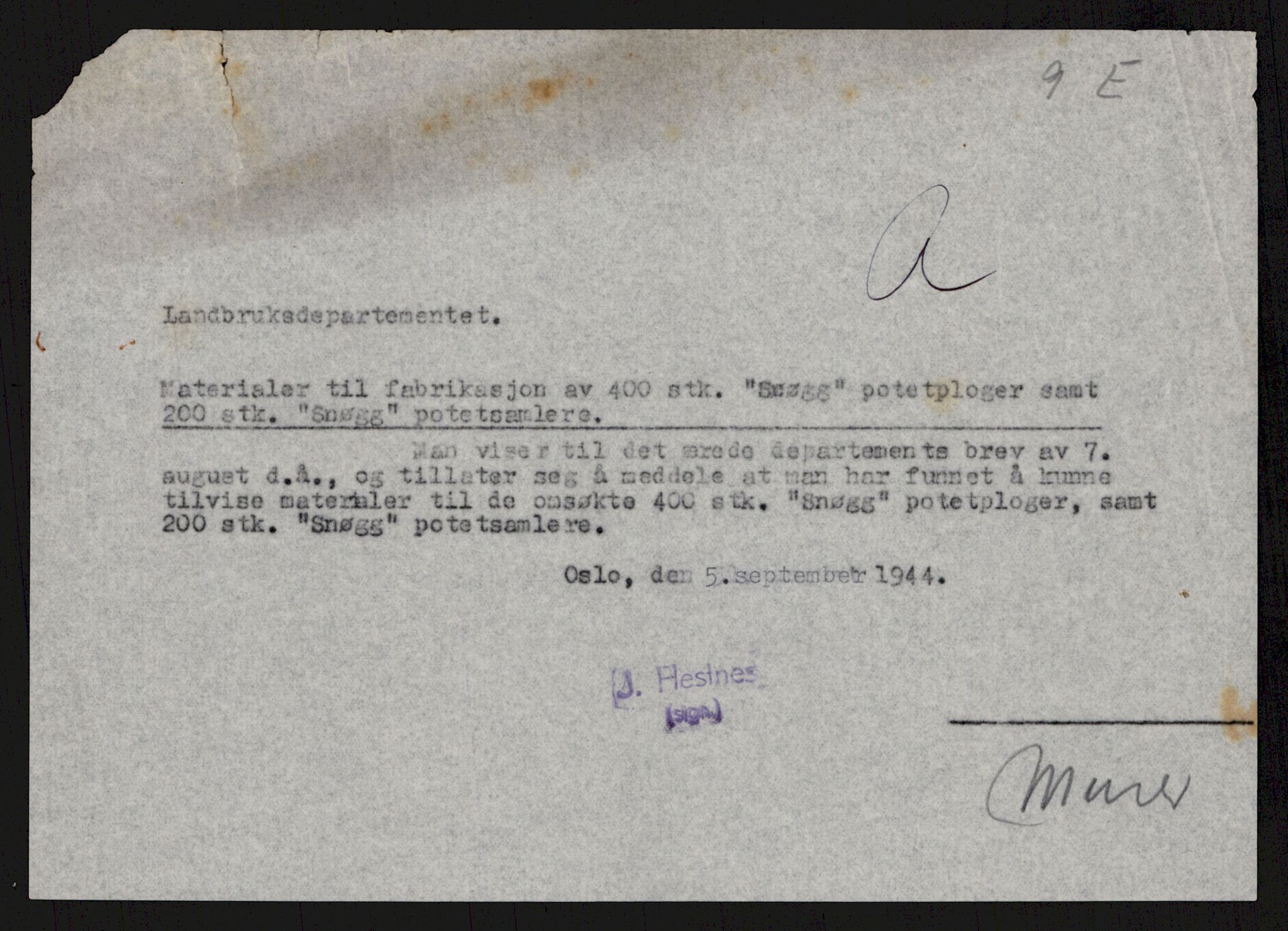 Direktoratet for industriforsyning, Sekretariatet, AV/RA-S-4153/D/Df/L0055: 9. Metallkontoret, 1940-1945, p. 249
