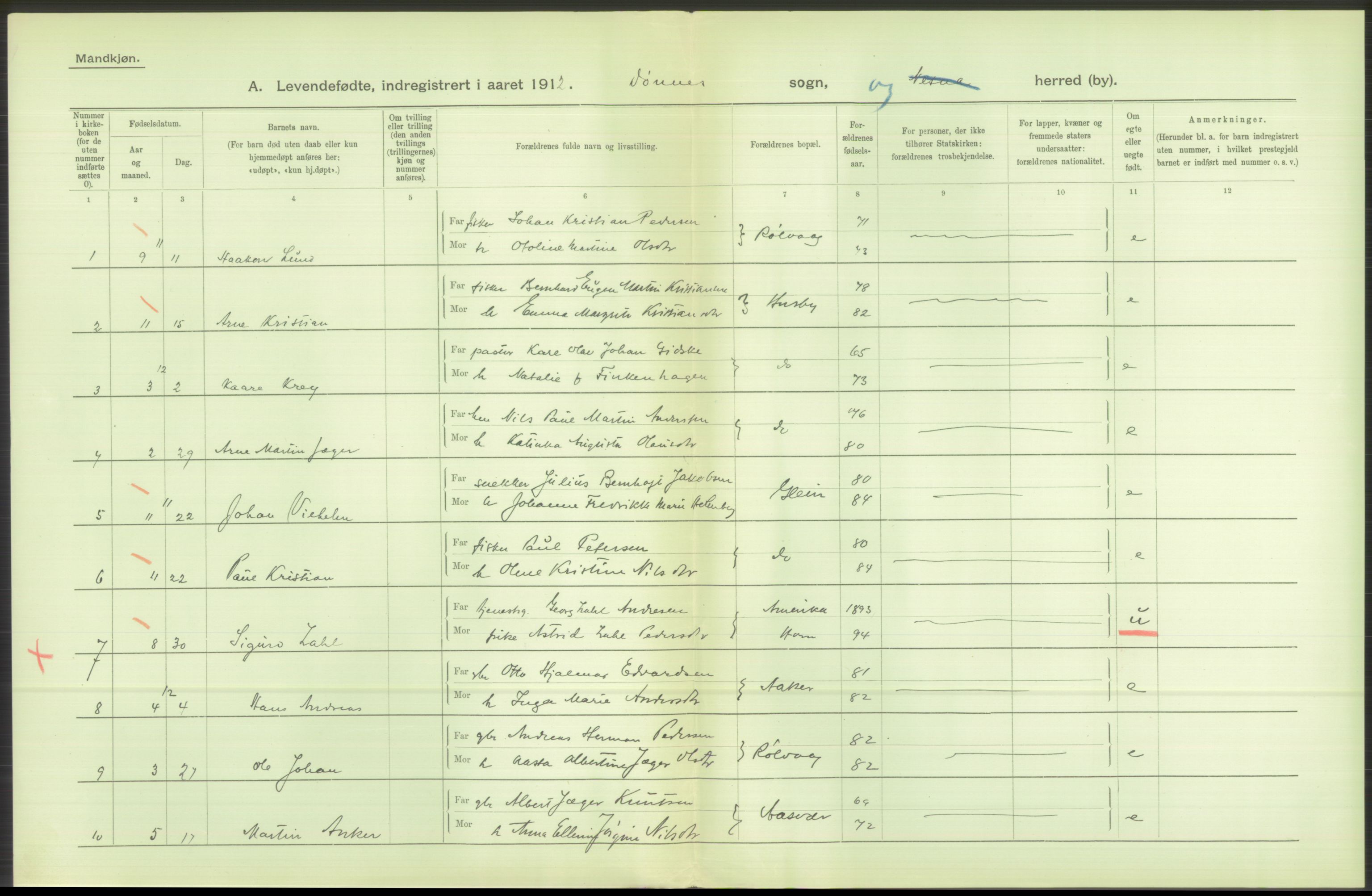 Statistisk sentralbyrå, Sosiodemografiske emner, Befolkning, AV/RA-S-2228/D/Df/Dfb/Dfbb/L0046: Nordlands amt: Levendefødte menn og kvinner. Bygder., 1912, p. 36