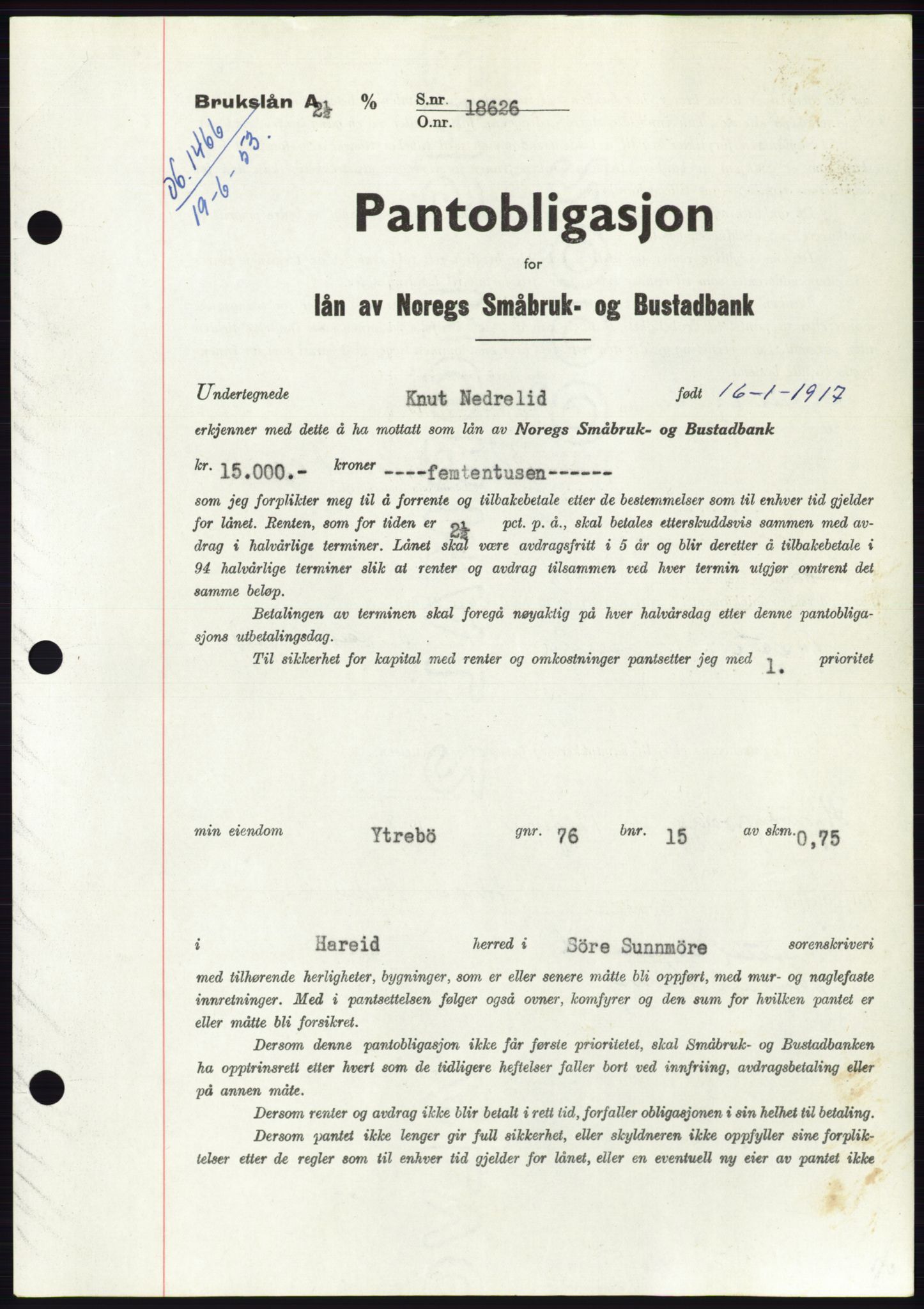 Søre Sunnmøre sorenskriveri, AV/SAT-A-4122/1/2/2C/L0123: Mortgage book no. 11B, 1953-1953, Diary no: : 1466/1953