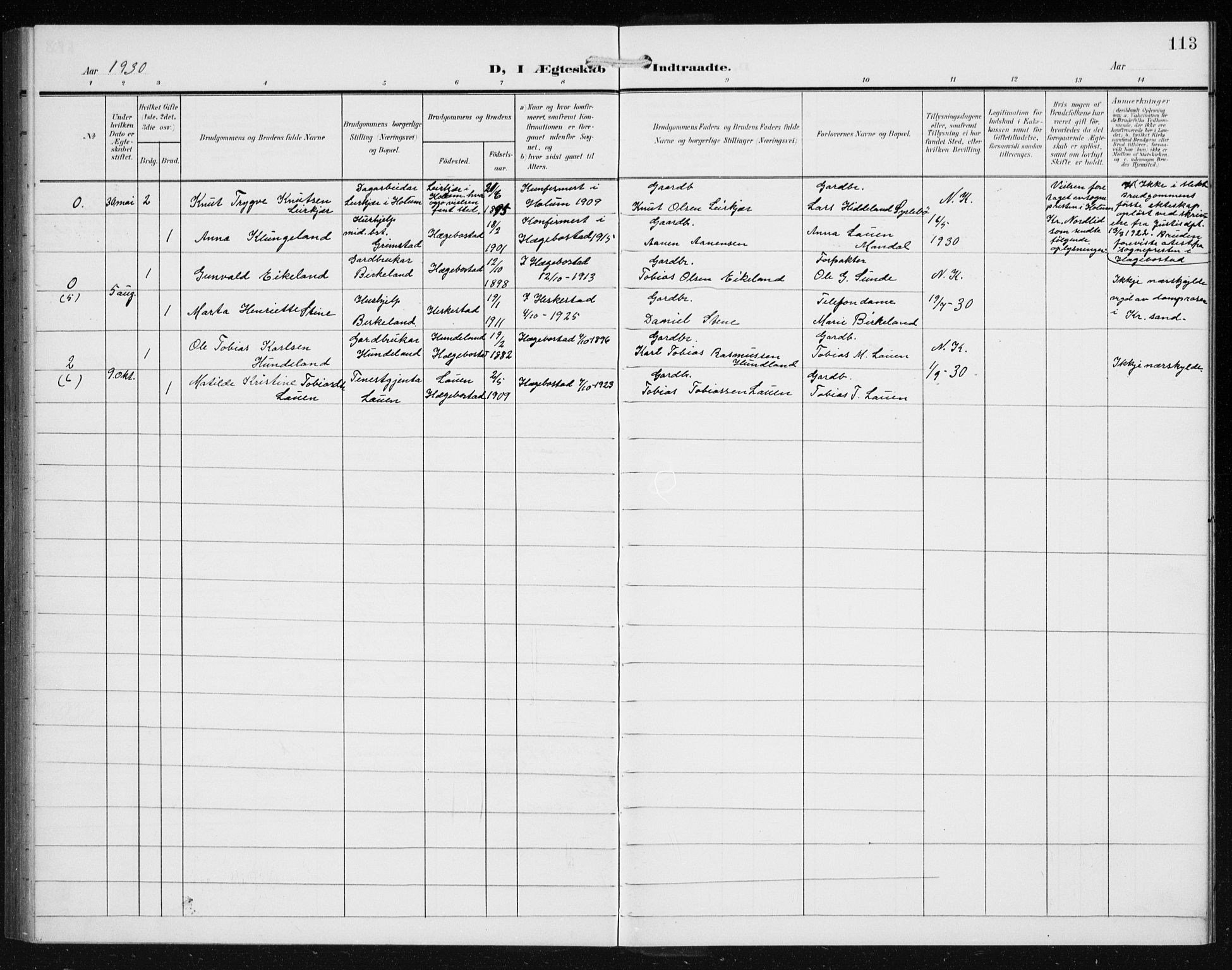 Hægebostad sokneprestkontor, SAK/1111-0024/F/Fb/Fba/L0005: Parish register (copy) no. B 5, 1907-1931, p. 113