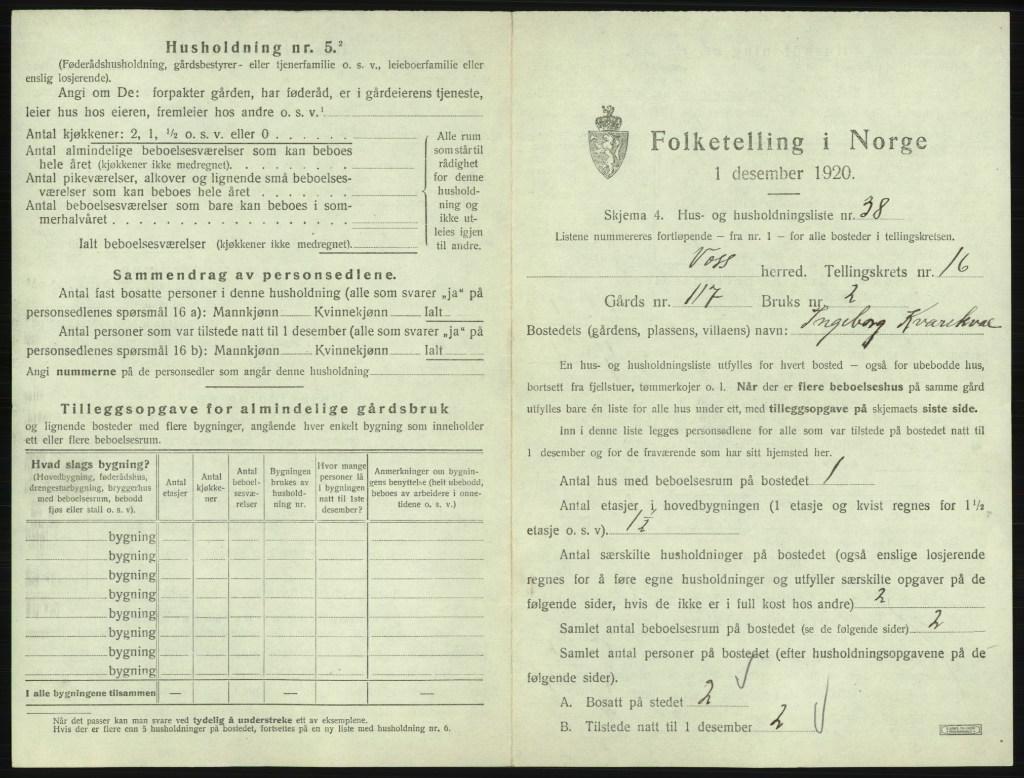 SAB, 1920 census for Voss, 1920, p. 1611