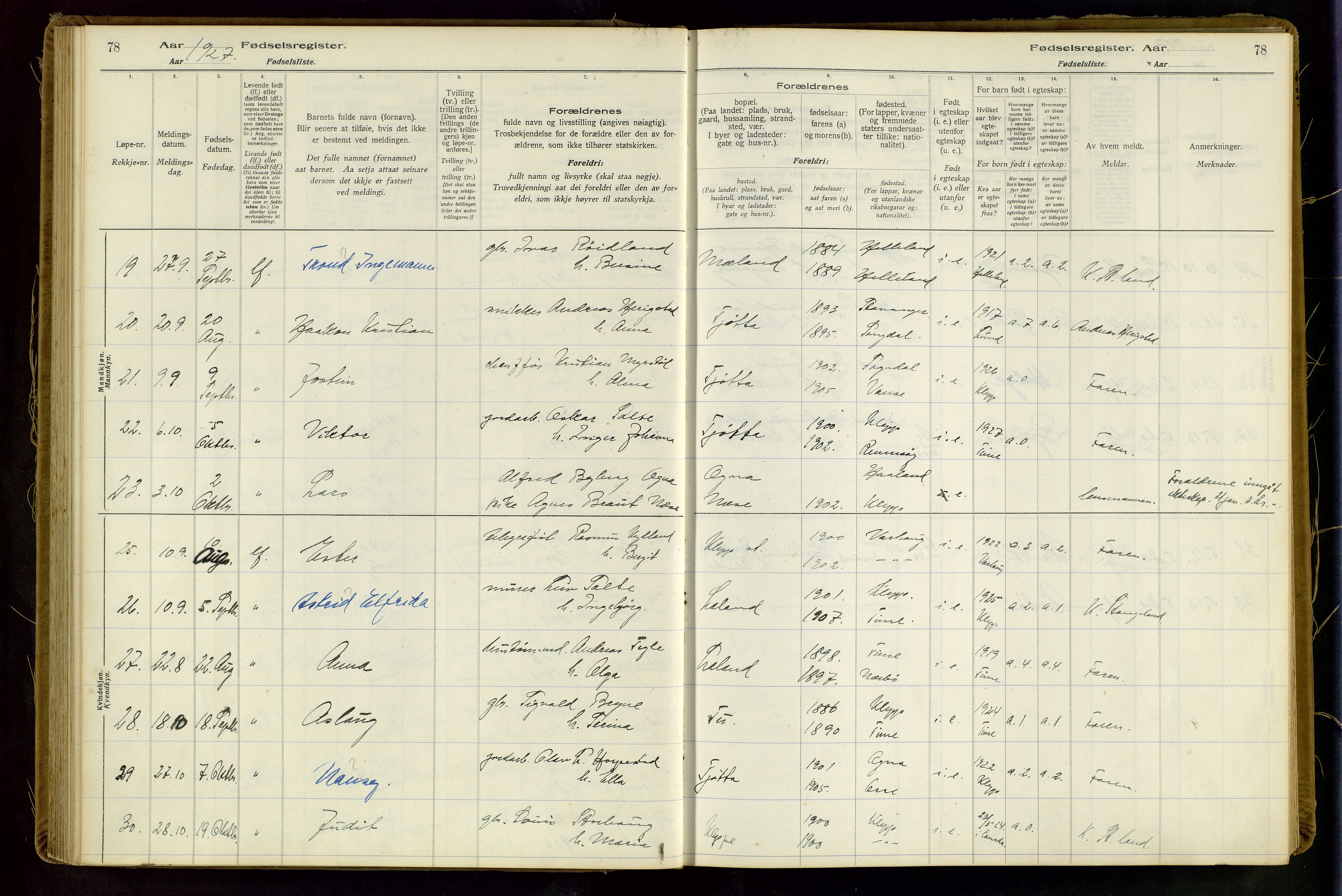 Klepp sokneprestkontor, AV/SAST-A-101803/001/704BAA/L0001: Birth register no. 1, 1916-1948, p. 78