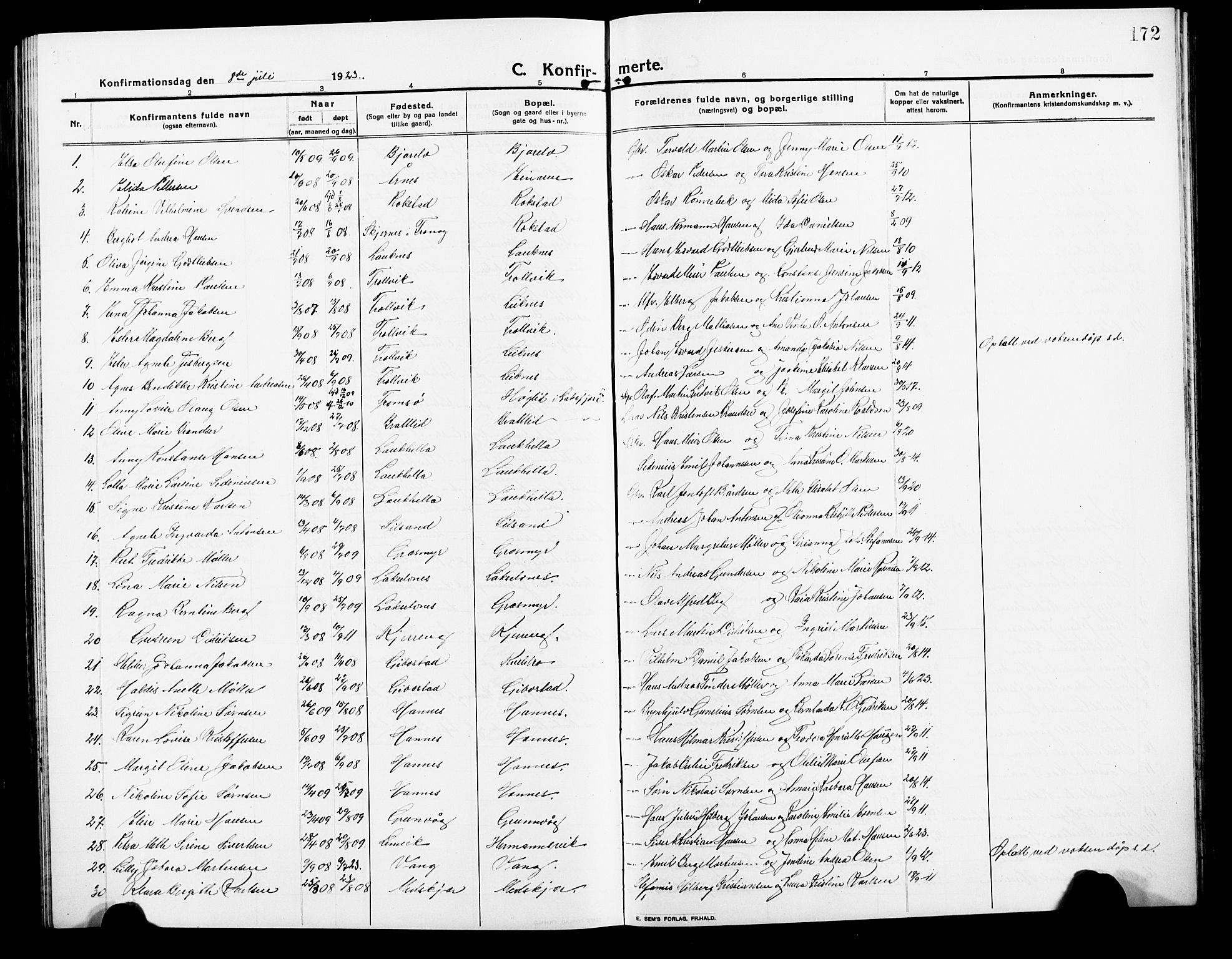 Lenvik sokneprestembete, SATØ/S-1310/H/Ha/Hab/L0009klokker: Parish register (copy) no. 9, 1912-1926, p. 172