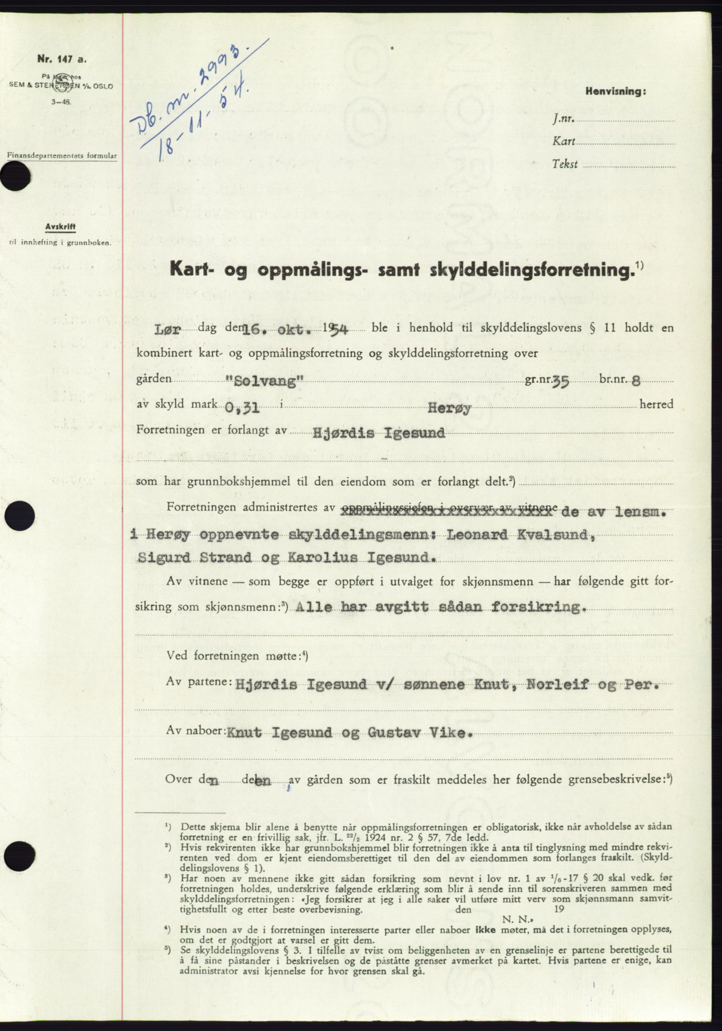 Søre Sunnmøre sorenskriveri, AV/SAT-A-4122/1/2/2C/L0099: Mortgage book no. 25A, 1954-1954, Diary no: : 2993/1954