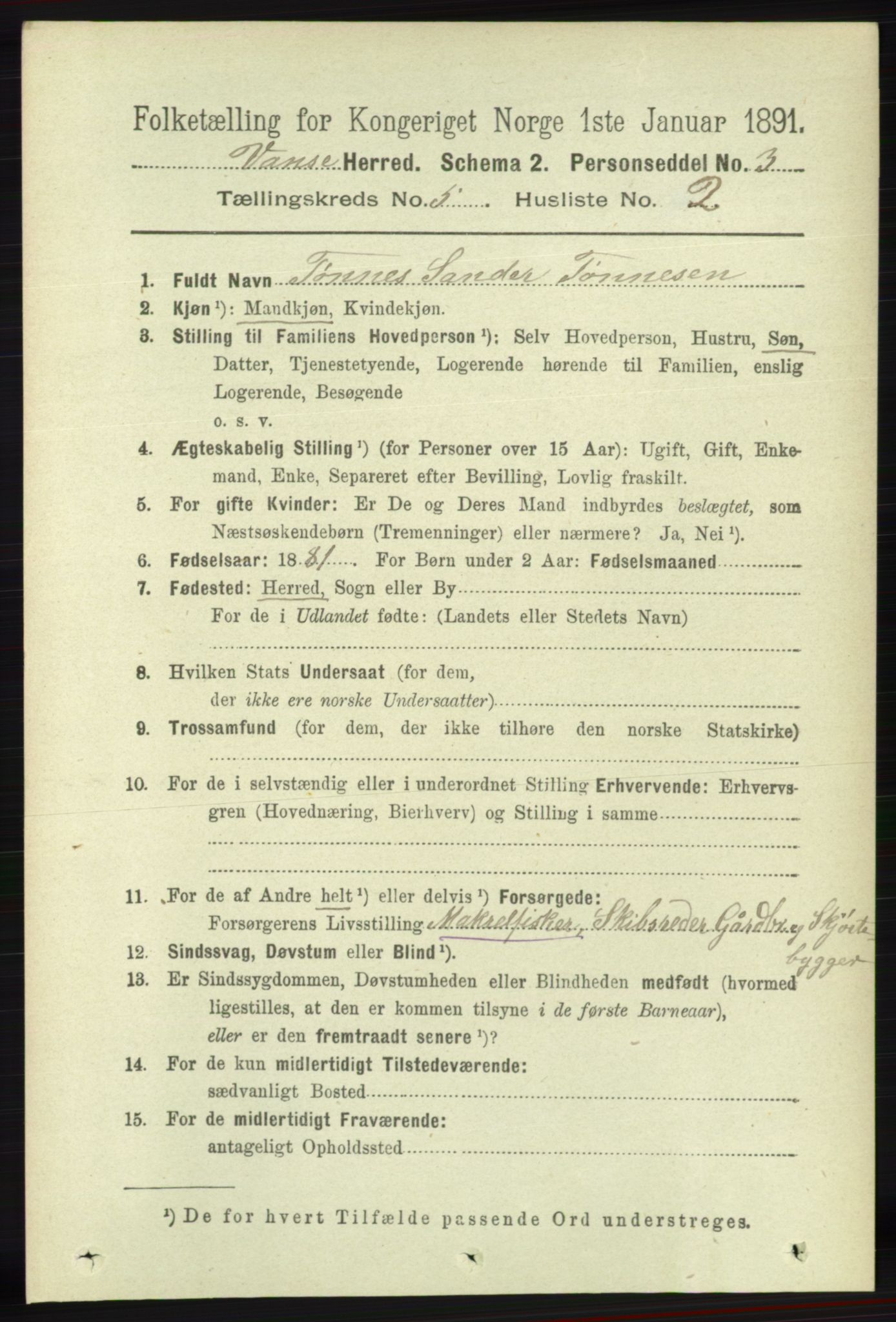 RA, 1891 census for 1041 Vanse, 1891, p. 2803