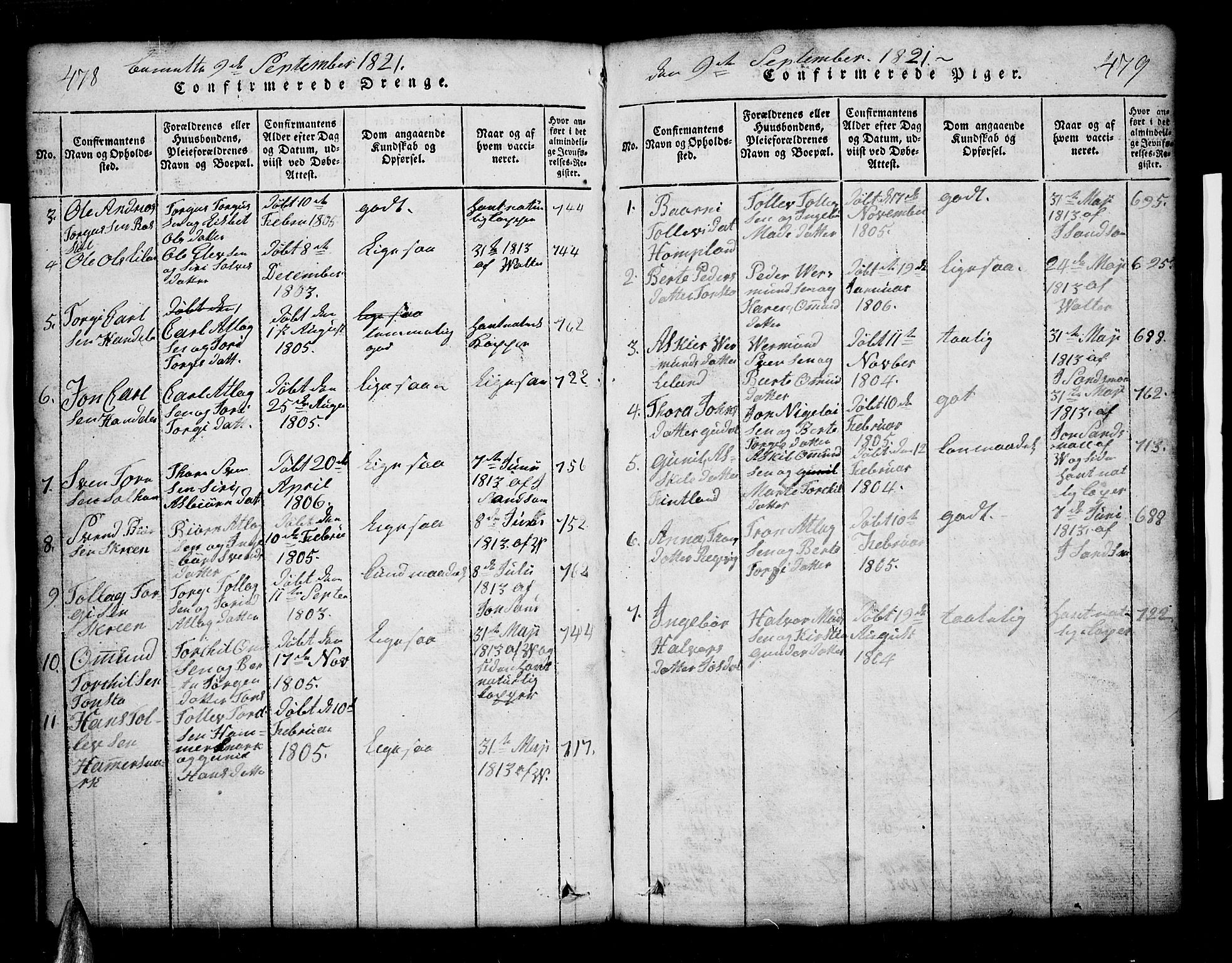 Sirdal sokneprestkontor, SAK/1111-0036/F/Fb/Fbb/L0001: Parish register (copy) no. B 1, 1815-1834, p. 478-479