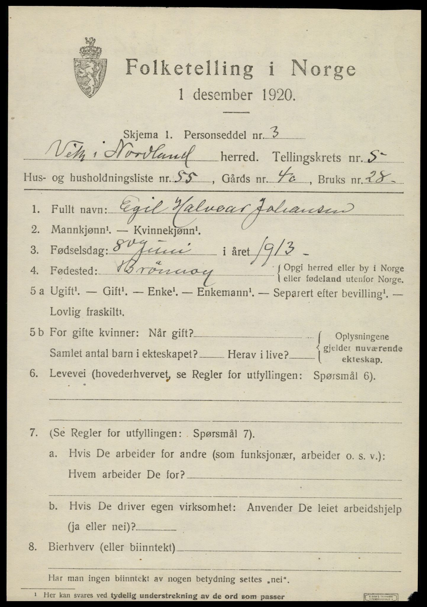 SAT, 1920 census for Vik, 1920, p. 3571