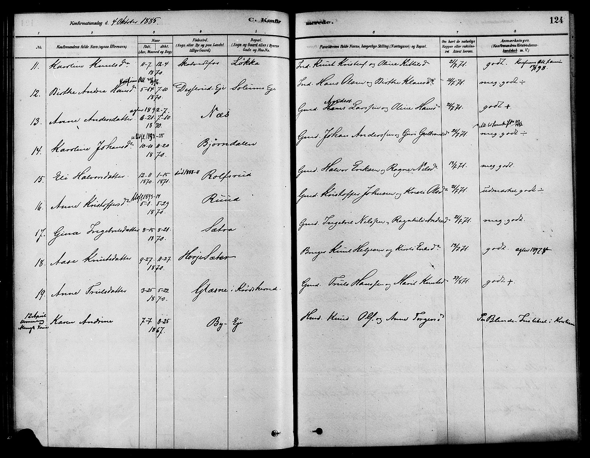 Sigdal kirkebøker, AV/SAKO-A-245/F/Fa/L0011: Parish register (official) no. I 11, 1879-1887, p. 124