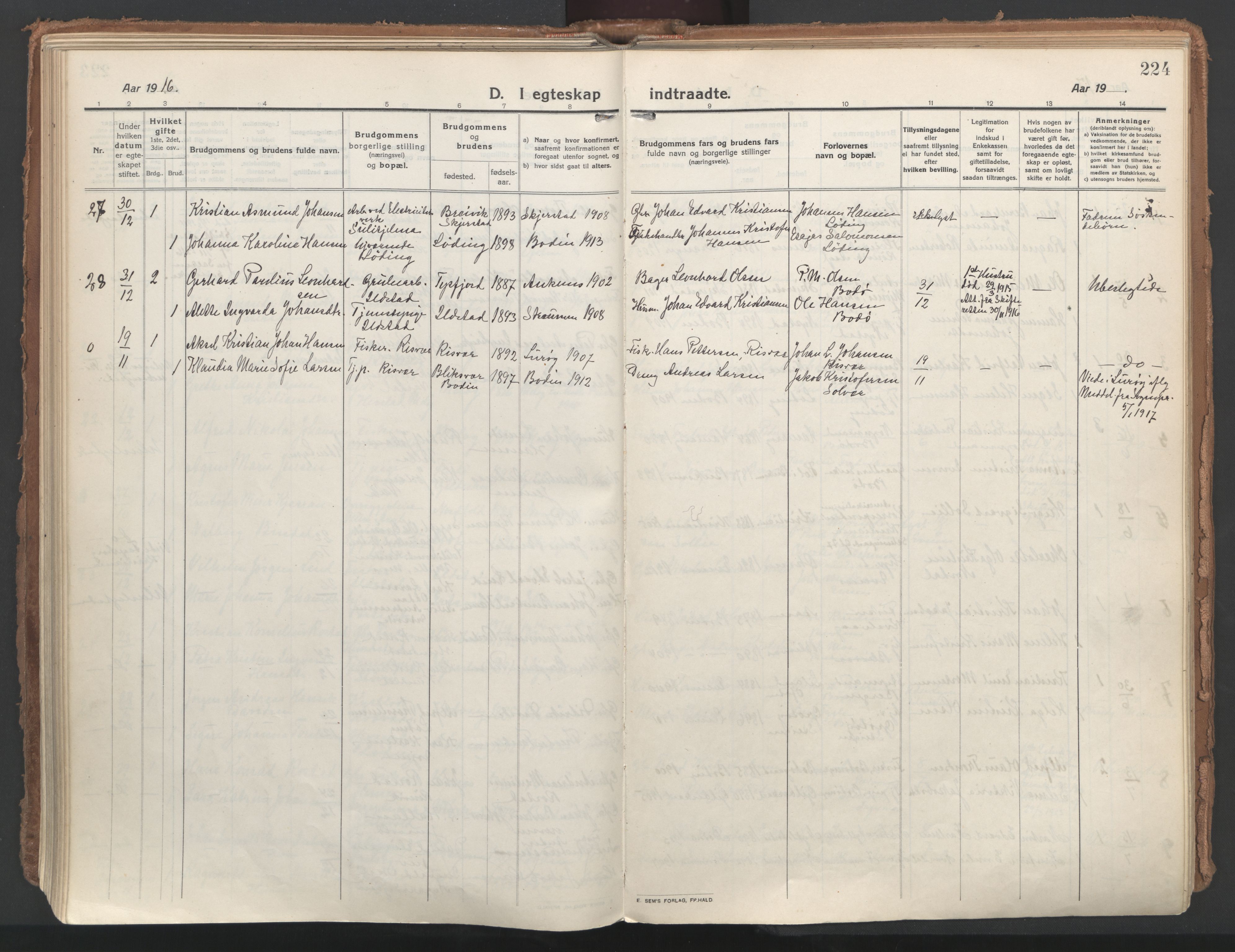 Ministerialprotokoller, klokkerbøker og fødselsregistre - Nordland, AV/SAT-A-1459/802/L0060: Parish register (official) no. 802A07, 1916-1933, p. 224